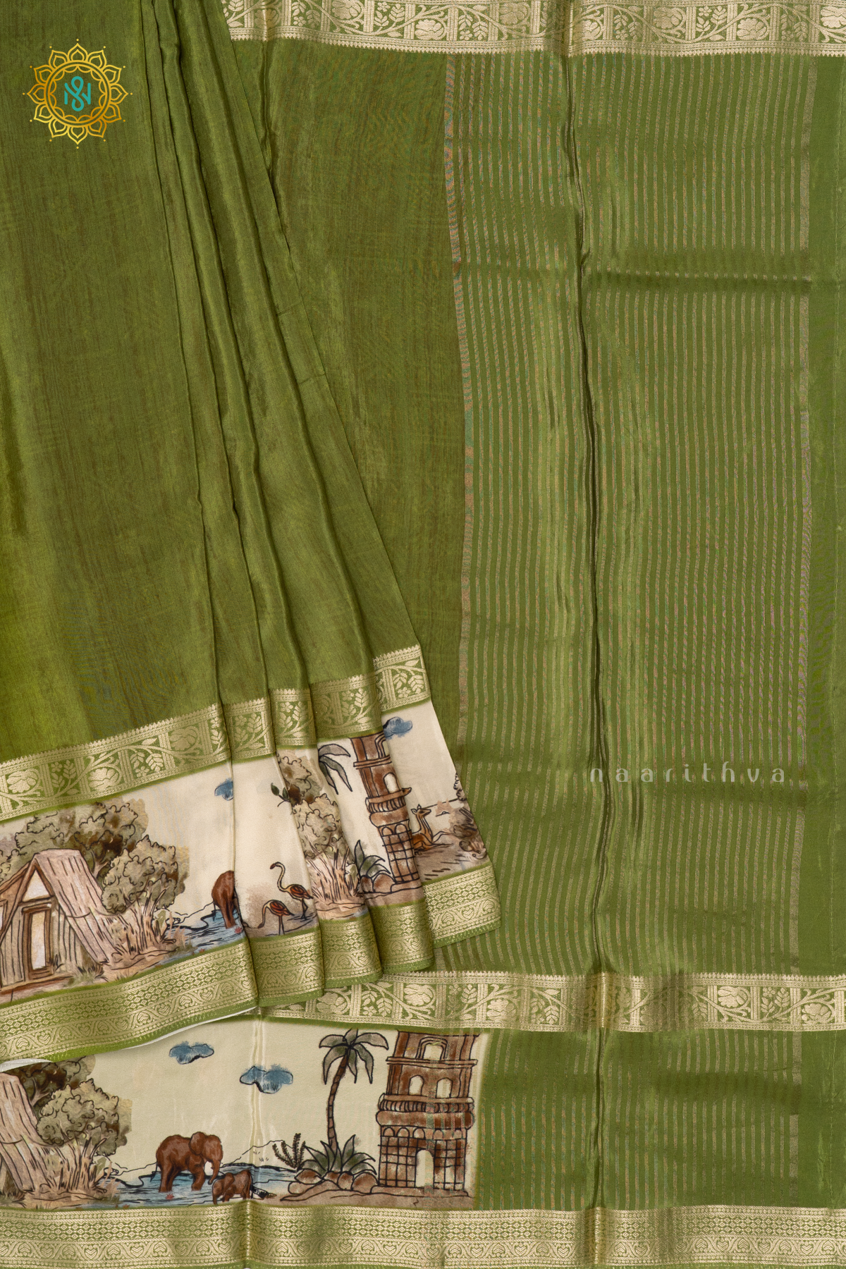 PARROT GREEN WITH OFF WHITE - SEMI CREPE SILK