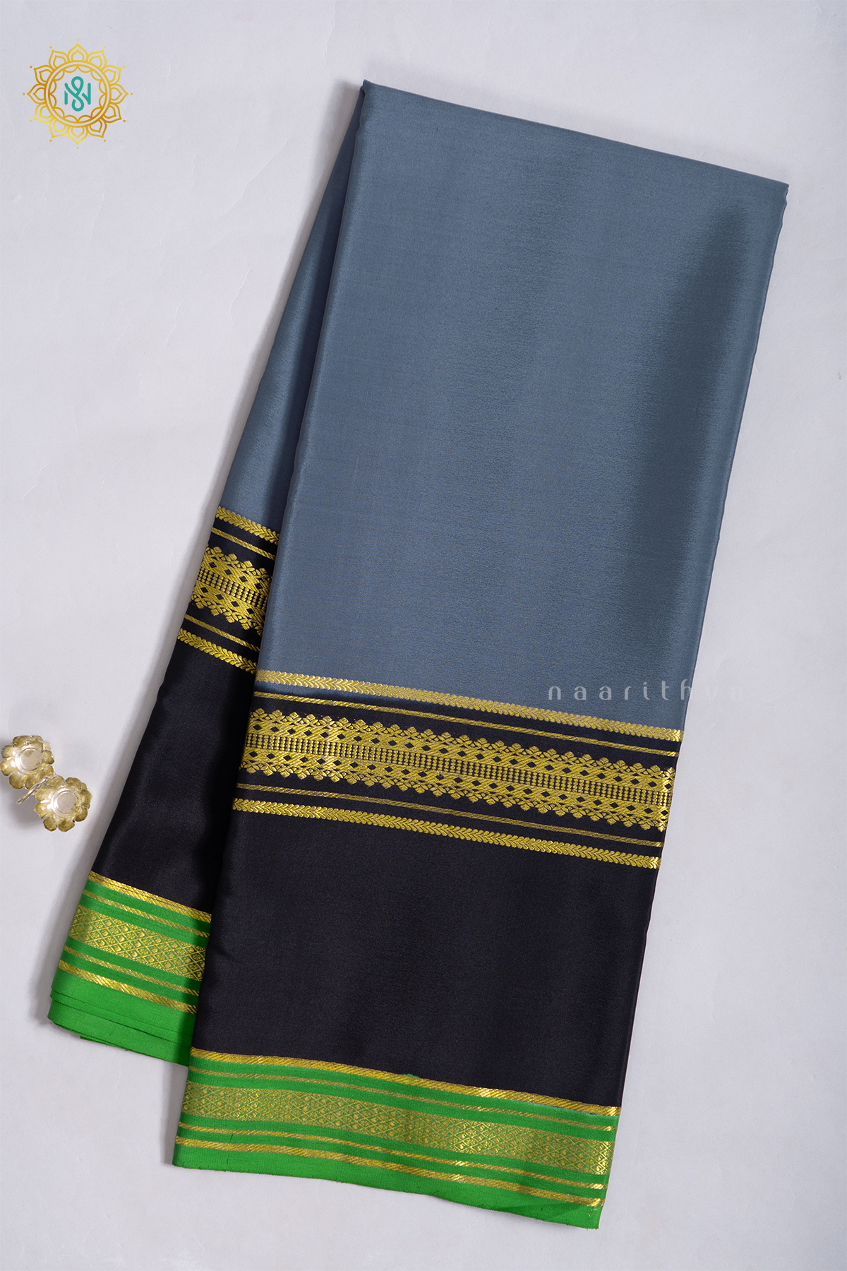 ELEPHANT GREY WITH BLACK & GREEN - PURE MYSORE CREPE SILK