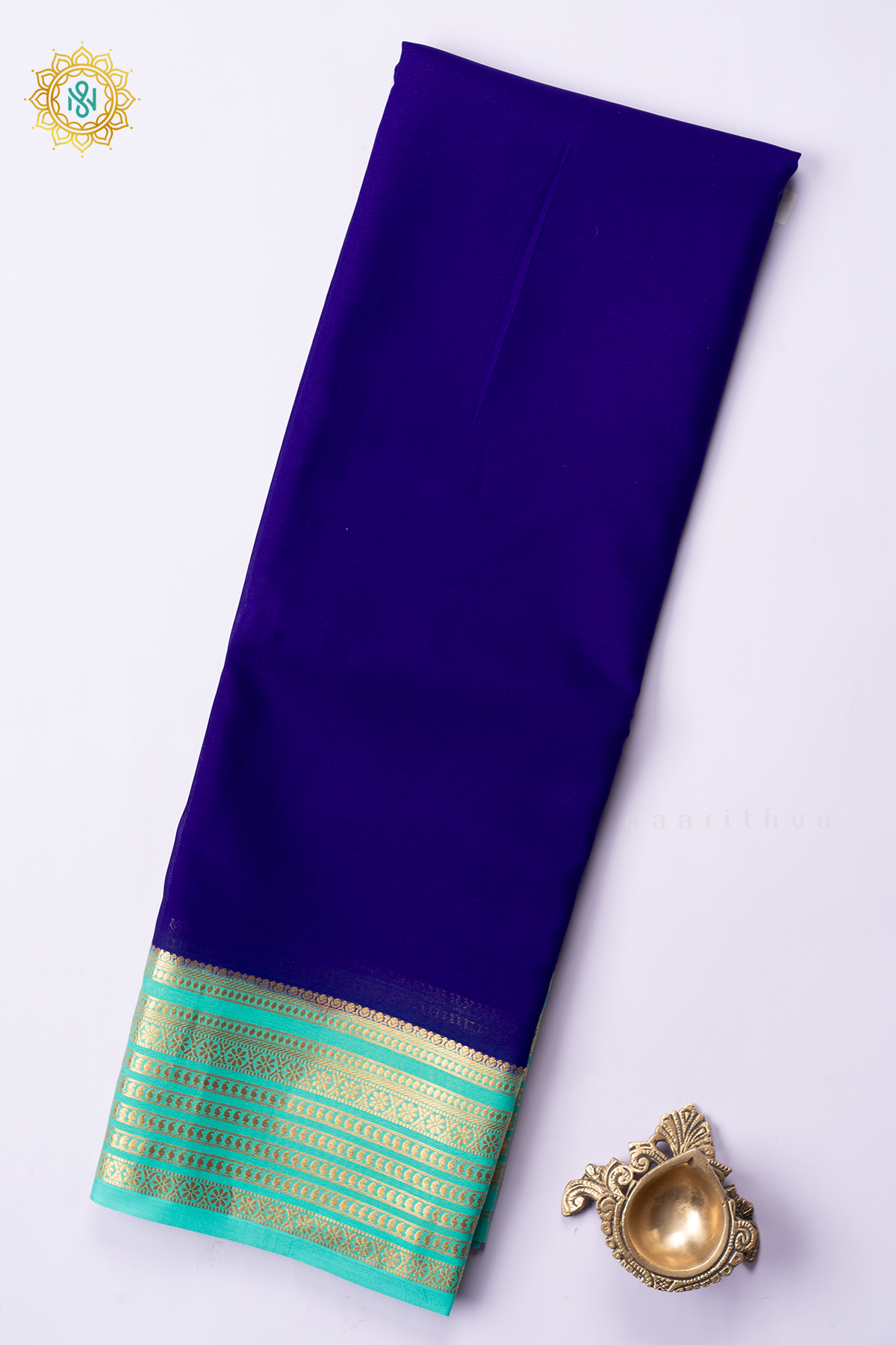 ROYAL BLUE WITH AQUA GREEN - PURE MYSORE CREPE SILK