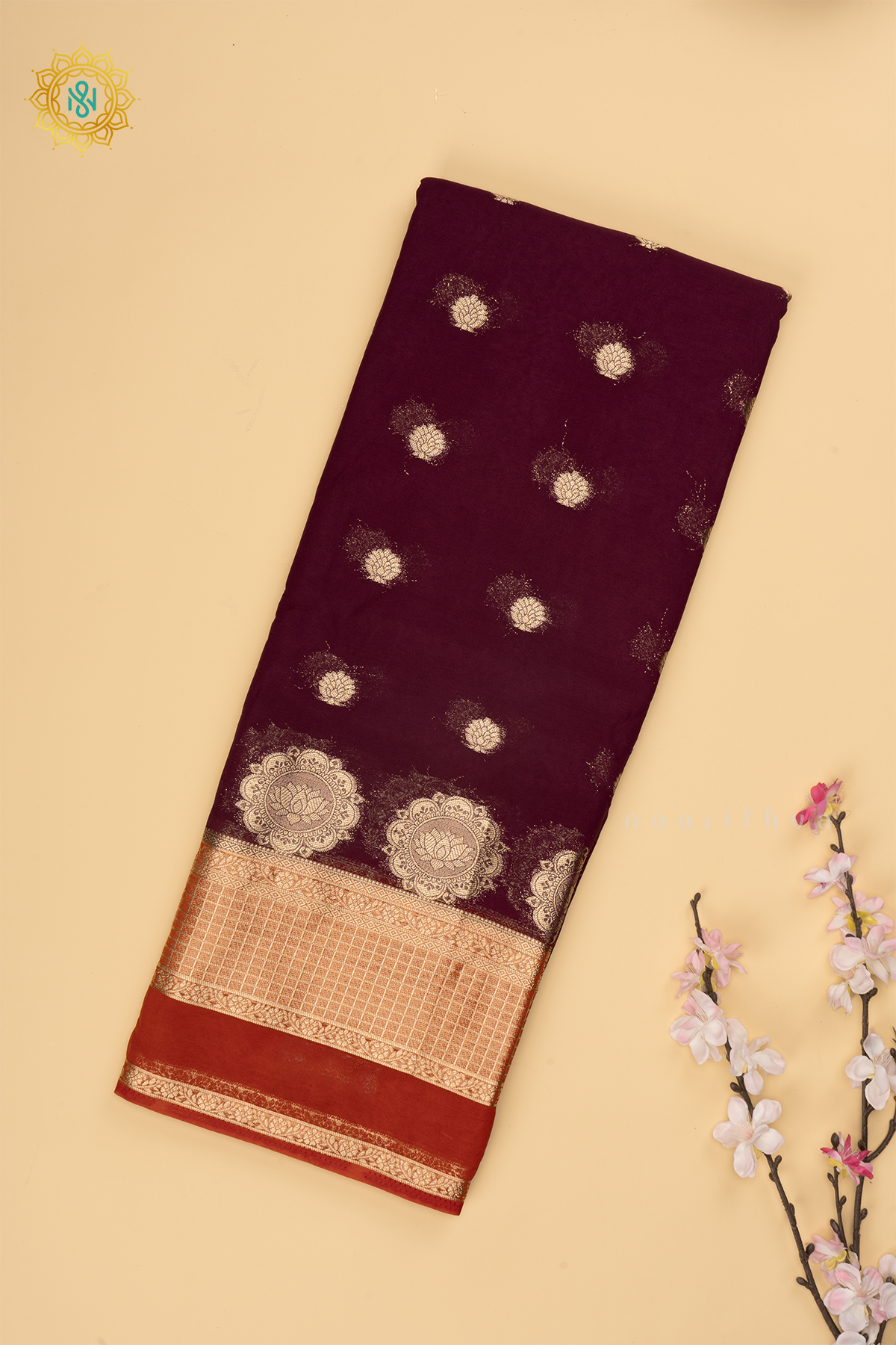 Wine with Rust Orange Semi Chiffon Georgette Saree with Allover Zari Buttas and Zari Checks Border