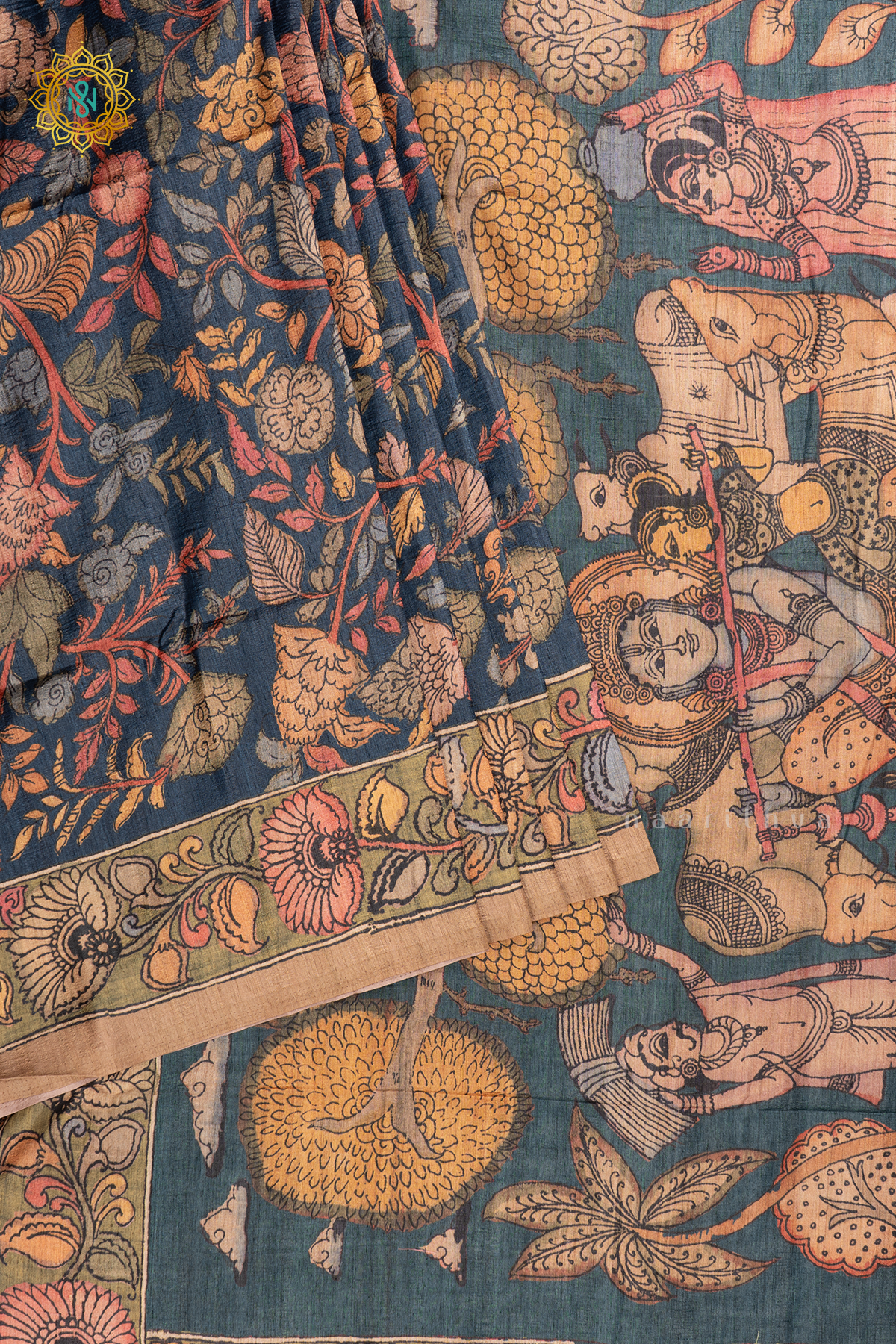 Peacock Blue - Semi Gicha Tussar Saree Allover Kalamkari Printed Body With Pallu And Blouse