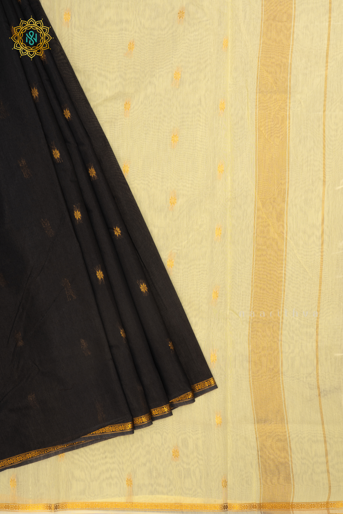 Black With Off-white Silk Cotton Saree Allover Zari Woven Buttas With Contrast Zari Border