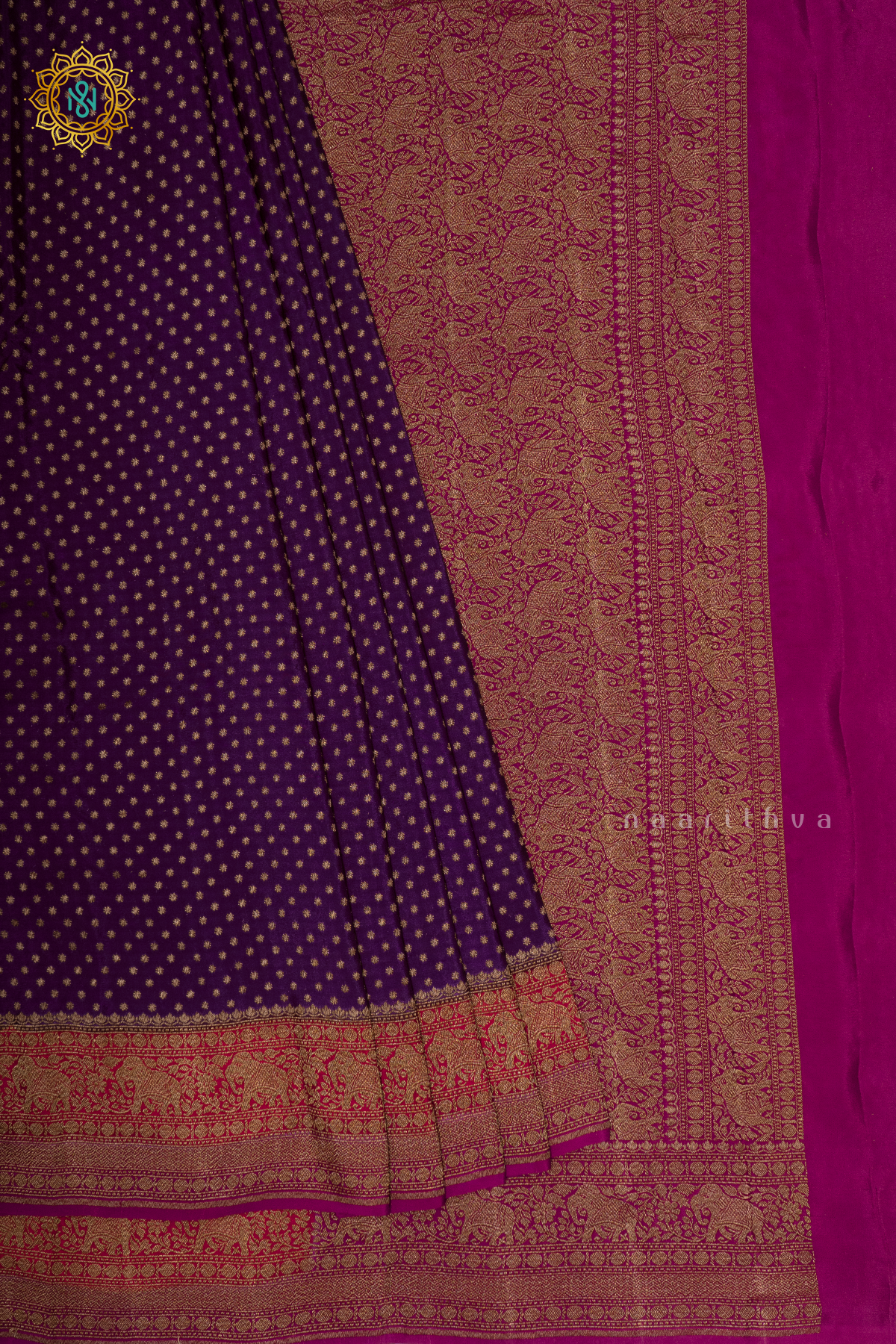 PURPLE WITH ORANGE & PINK - PURE BANARASI CREPE SILK