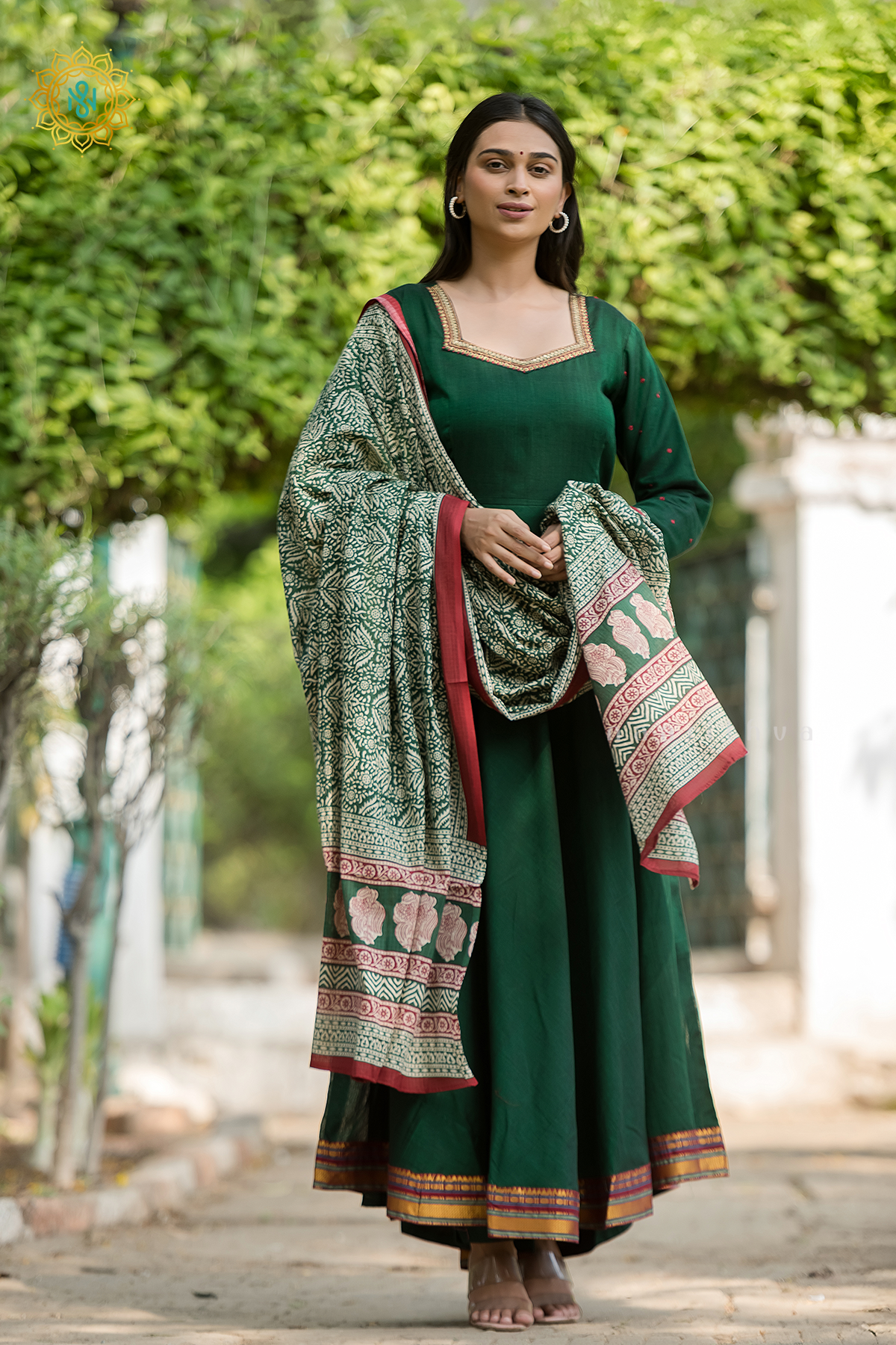 BOTTLE GREEN - COTTON 3PC SALWAR SUIT WITH TOP, BOTTOM & DUPATTA