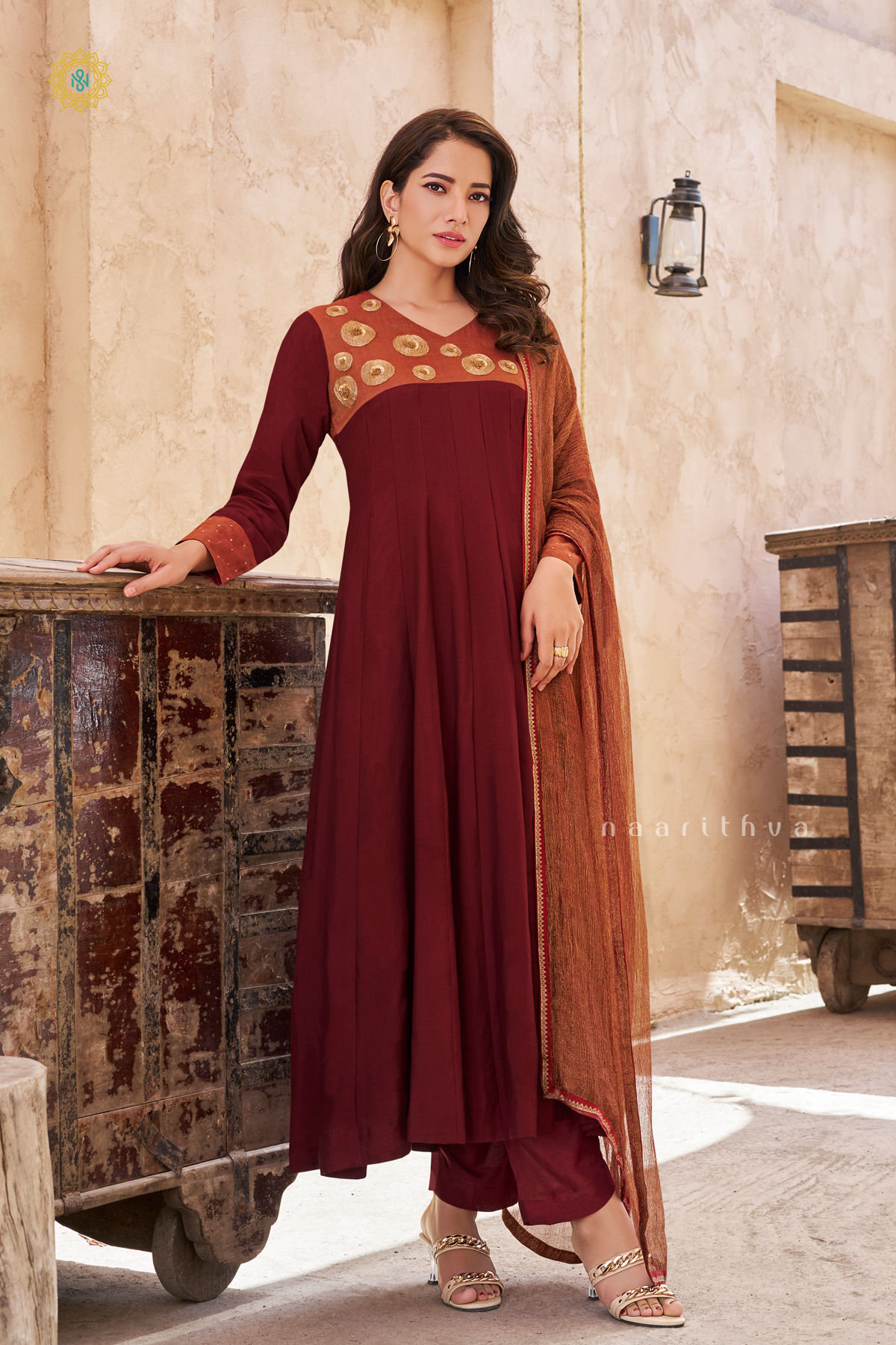 MAROON - SILK 3PC SALWAR SUIT WITH PRINTED TOP, BOTTOM & DUPATTA
