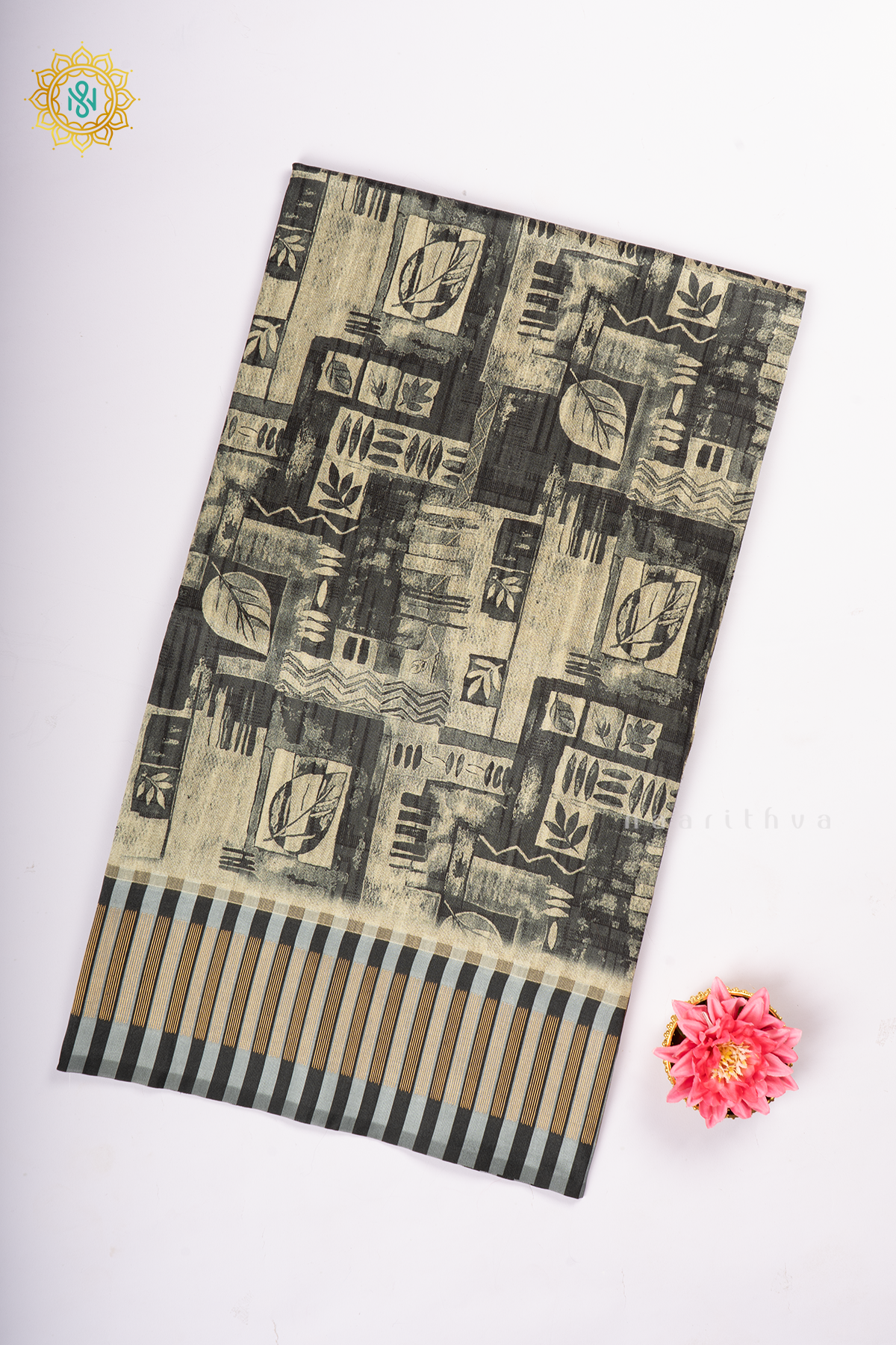 Black Semi Tussar Silk With Printed Body With Zari Border & Pallu