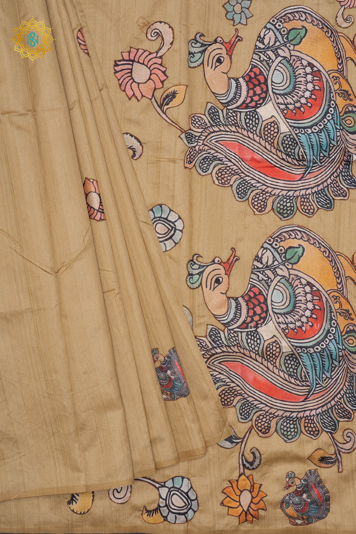 BEIGE WITH OFF WHITE - SEMI TUSSAR WITH APPLIQUE WORK