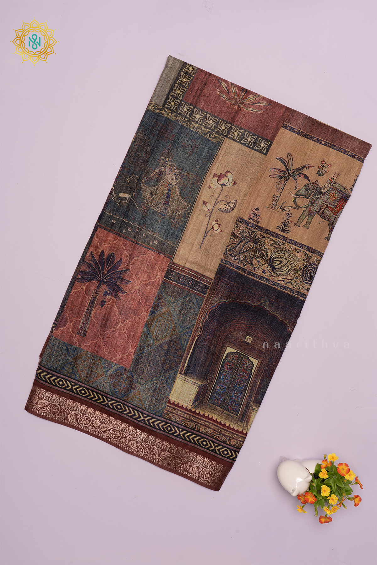 Brown Linen Tussar Saree With Printed Body