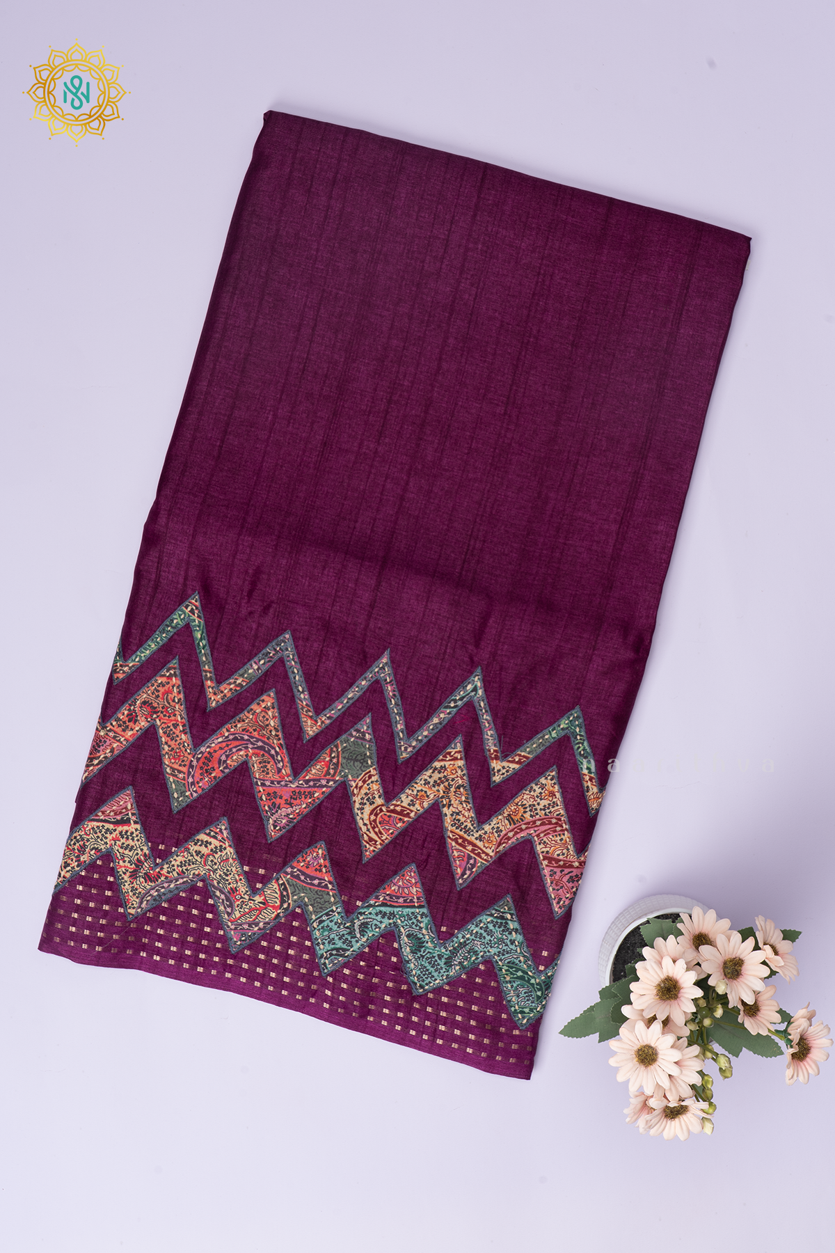 Wine Semi Tussar Silk With Applique & Katha Work Saree