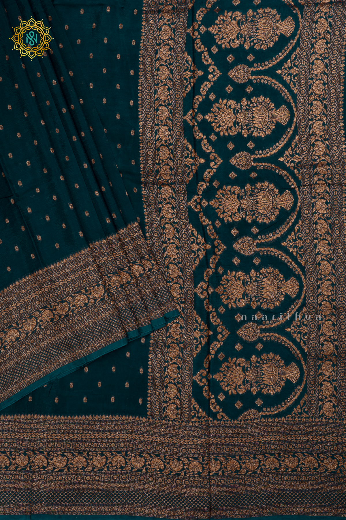 Peacock Blue Semi Banarasi Crepe Silk Saree with All-Over Zari Buttas and a Zari Border