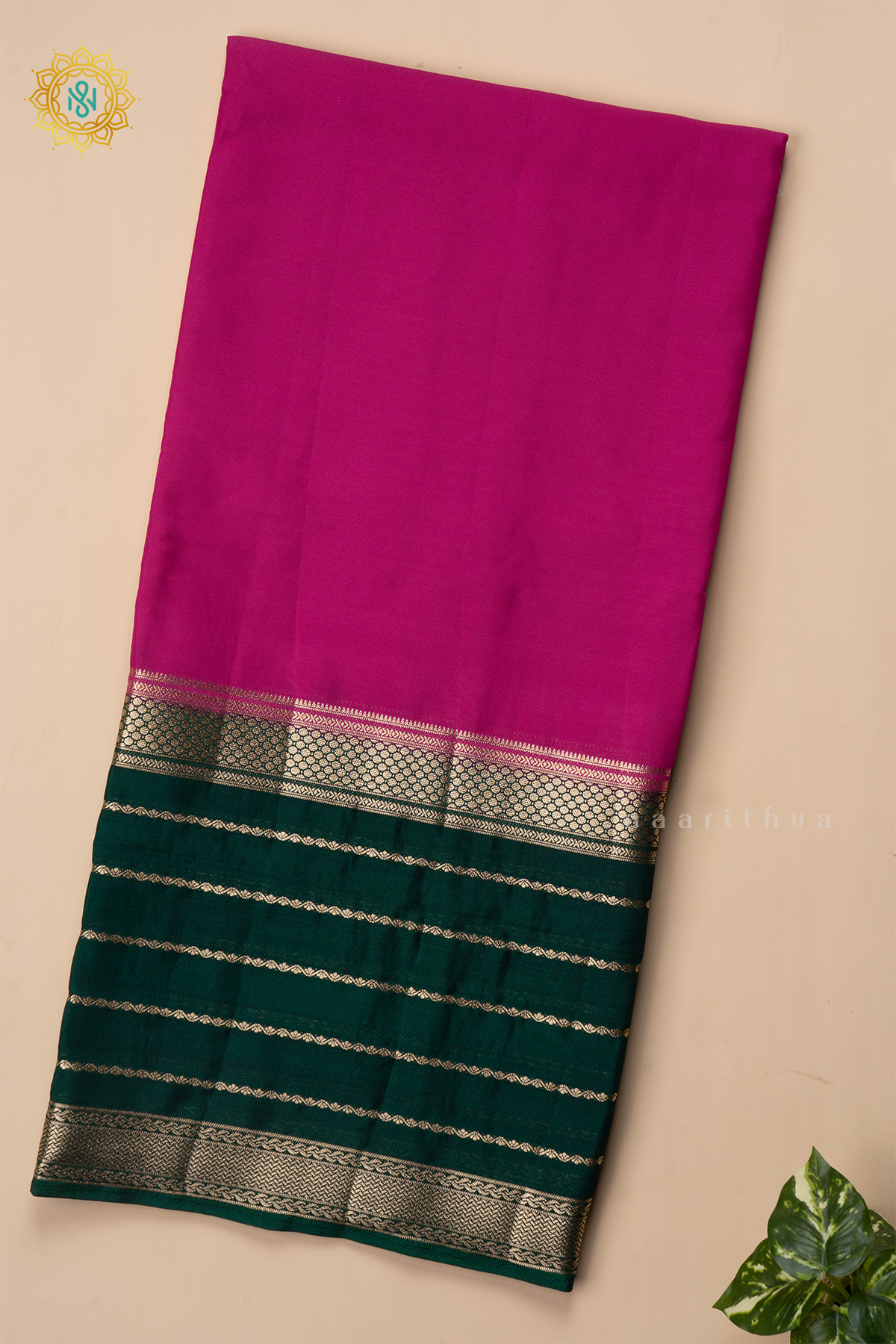 PINK WITH BOTTLE GREEN - SEMI MYSORE CREPE SILK