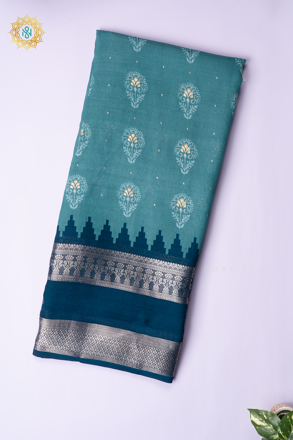 AQUA GREEN WITH PEACOCK GREEN - SEMI GEORGETTE