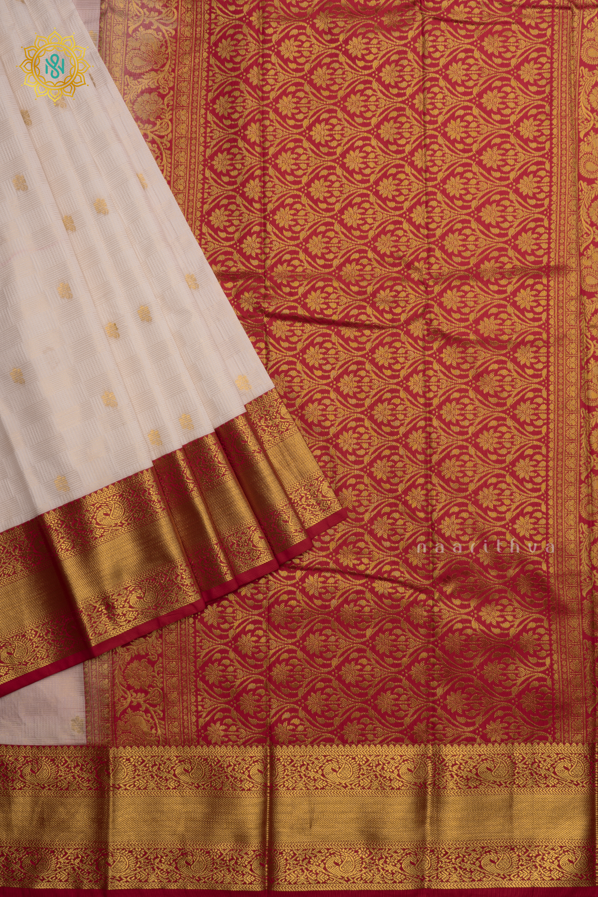 Pinkish White with Rani Pink Semi Kanchi Saree With Zari Buttas All Over And Contrast Zari Border