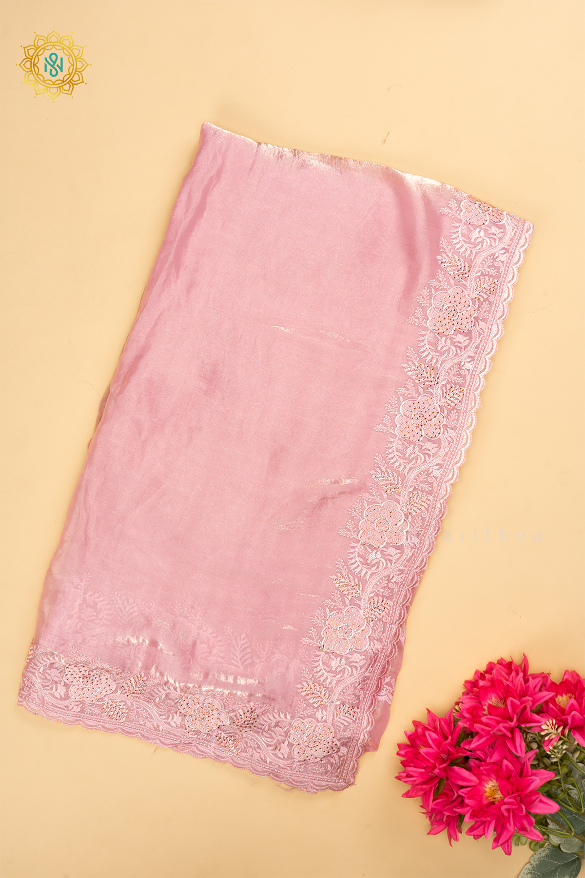 Light Pink - Tissue Organza Saree with Allover Plain Body with Thread Work and Stone work border