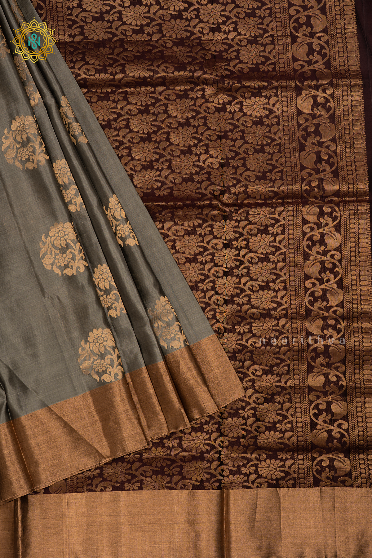 Grey with Brown Pure Mix Kanjivaram Soft Silk Saree with All-Over Zari Buttas and a Contrast Zari Border