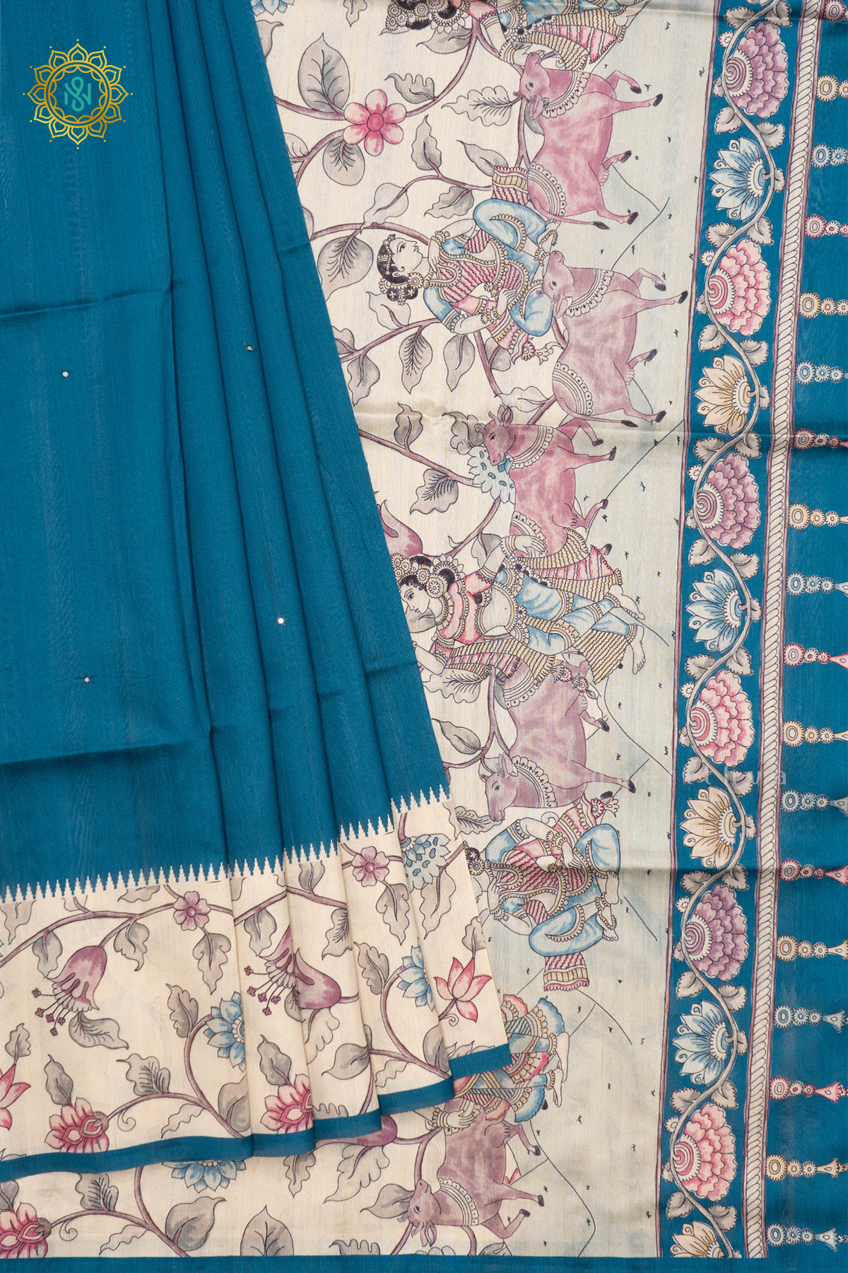 PEACOCK BLUE WITH WHITE - SEMI TUSSAR SILK