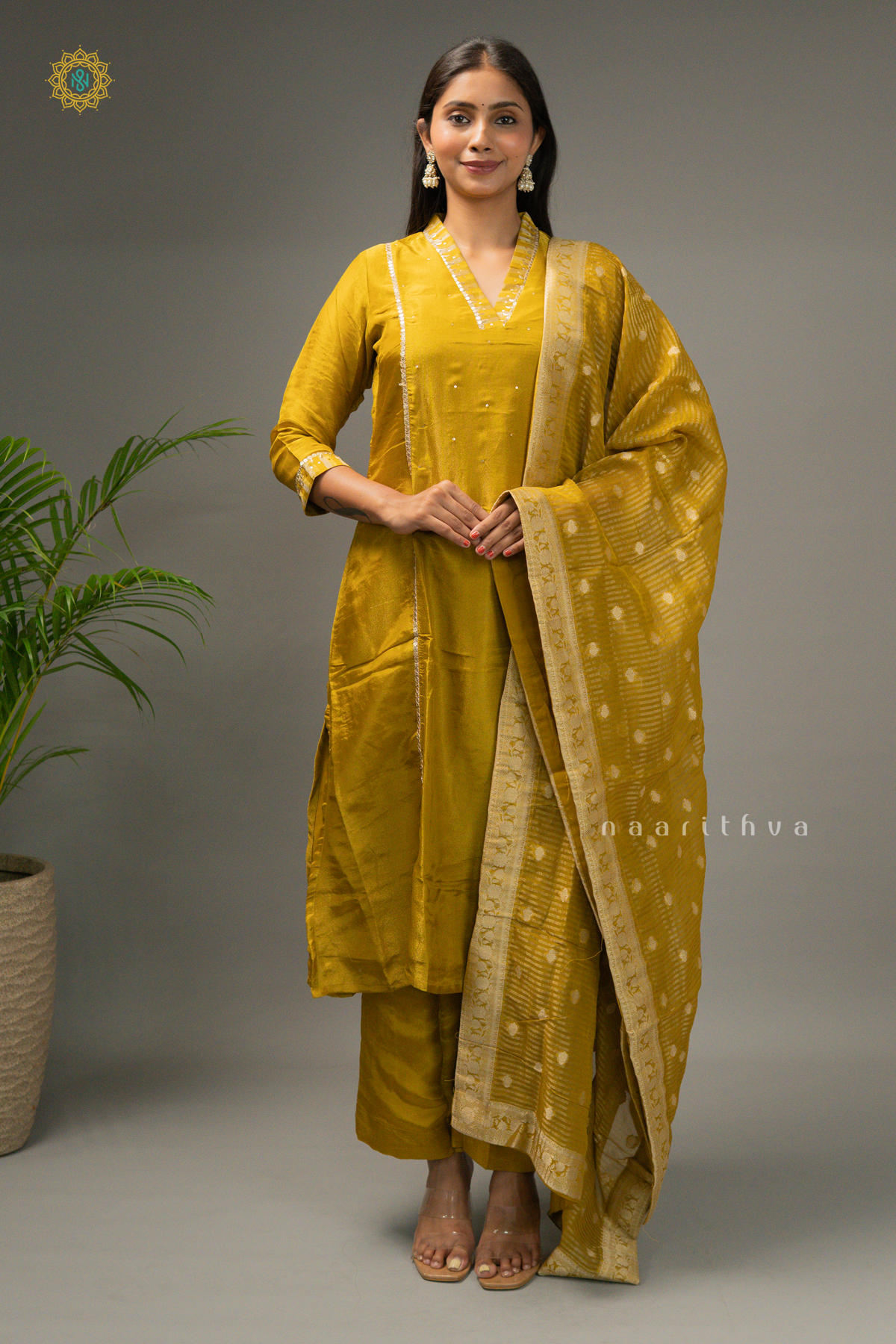 YELLOW - TISSUE SALWAR SUIT WITH SEQUINS WORK TOP, BOTTOM & DUPPATA