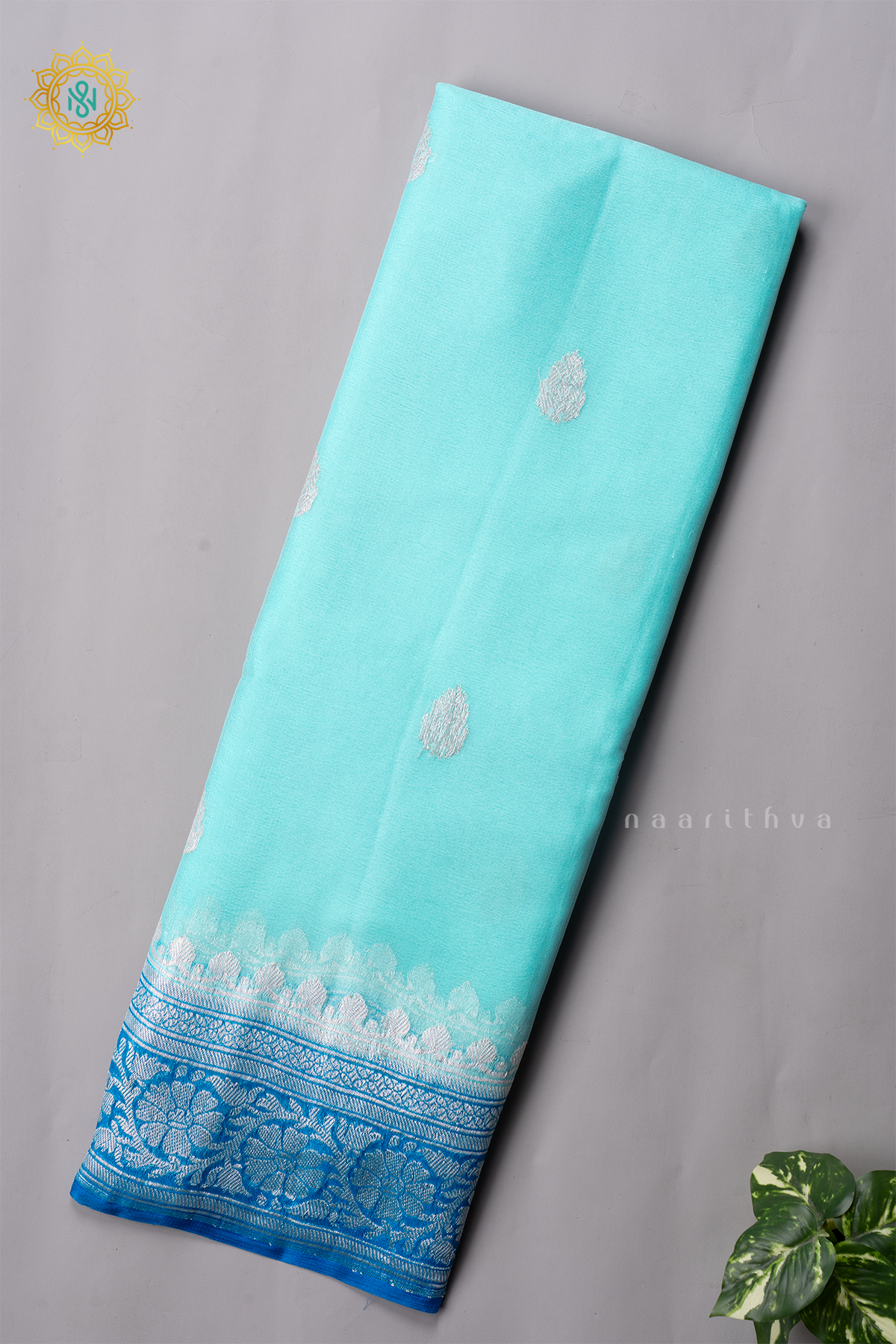 AQUA BLUE WITH SKY BLUE - PURE BANARASI CHIFFON