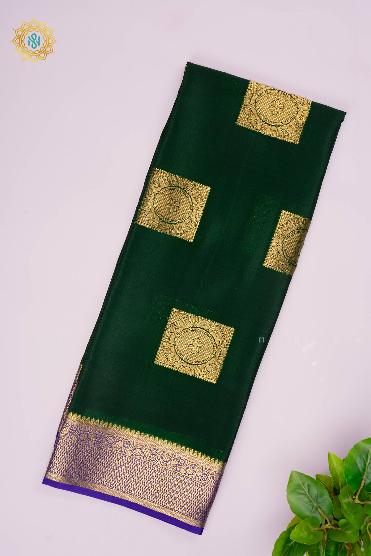BOTTLE GREEN WITH ROYAL BLUE - PURE MYSORE CREPE SILK