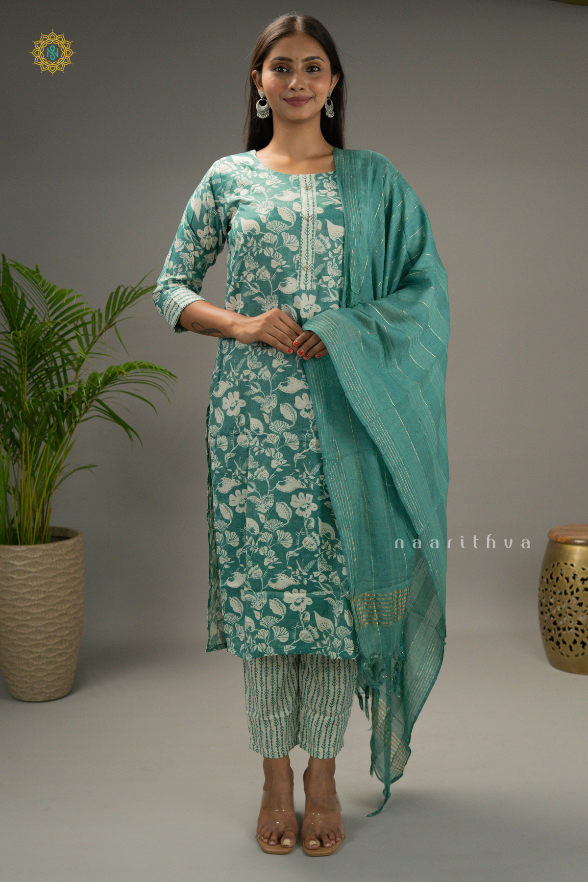 AQUA GREEN - COTTON 3PC SALWAR SUIT WITH PRINTED TOP, BOTTOM & DUPATTA