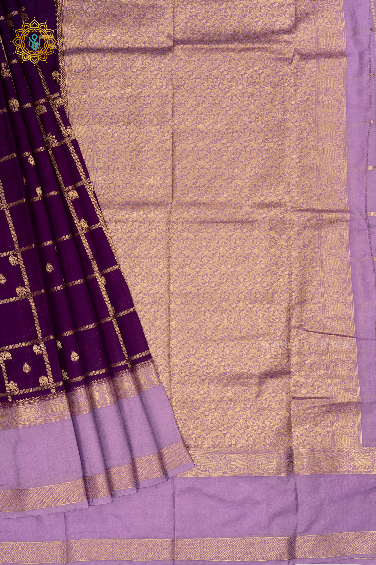 Purple With Lavender Semi Crepe Silk Saree All Over Zari Checks And Buttas With Contrast Zari Gap Border