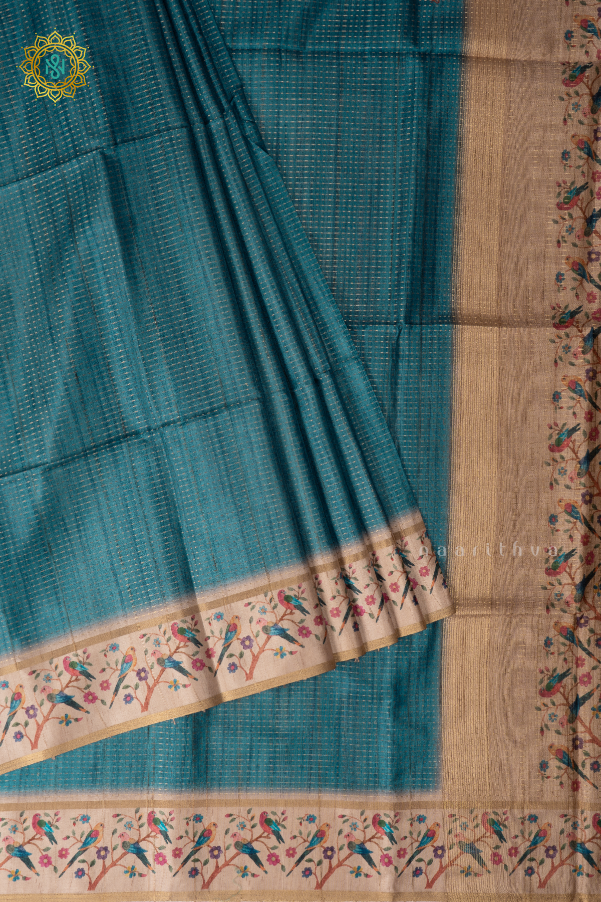Blue With Beige Semi Tussar Silk Saree With Zari Stripes & Buttas On The Body, Printed Border And Contrast Blouse