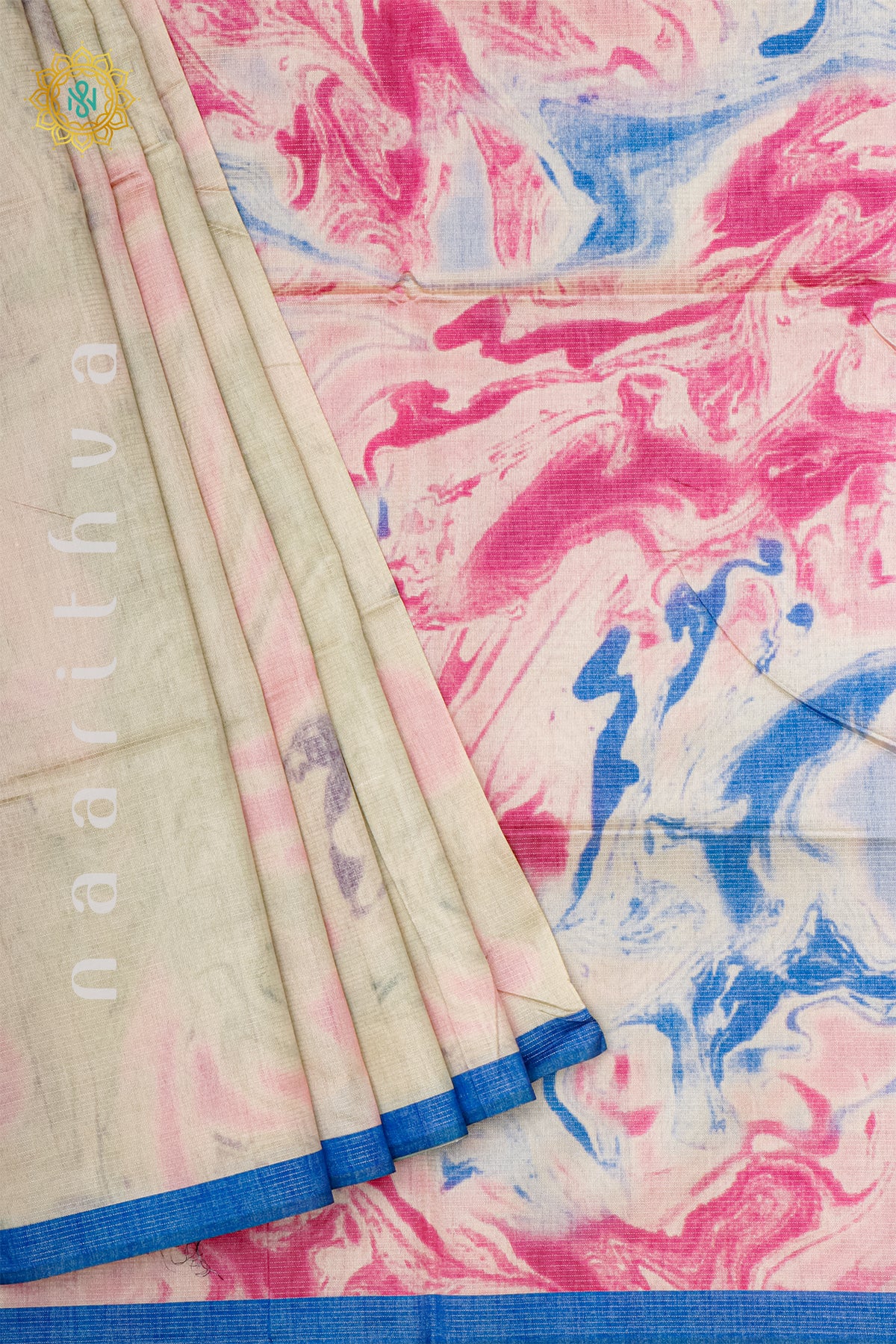 OFF WHITE WITH BLUE - SEMI TUSSAR SILK