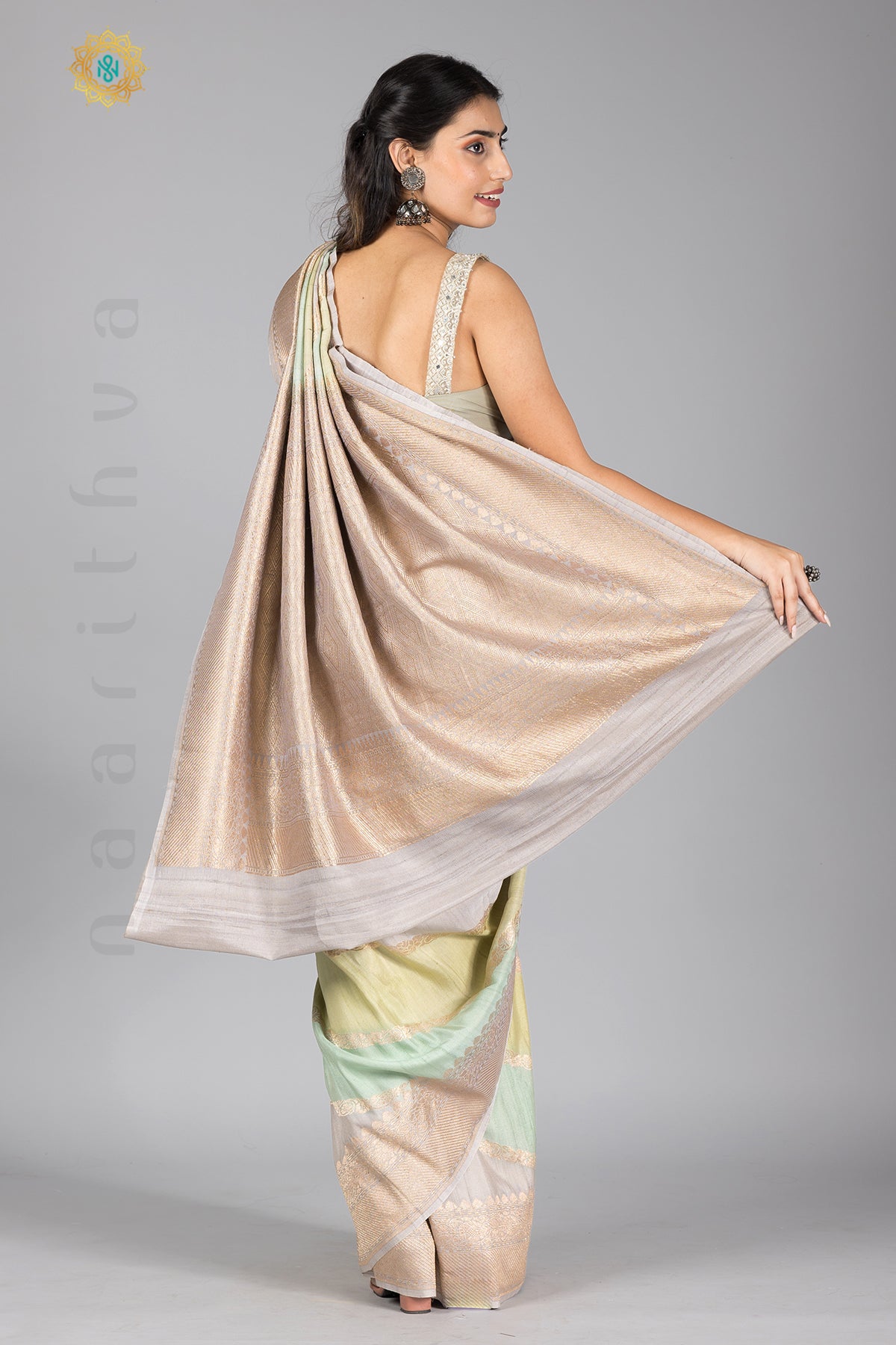 PASTEL SHADES OF BLUE, GREEN & GREY - PURE HANDLOOM TUSSAR GEORGETTE WITH WATER ZARI WEAVES