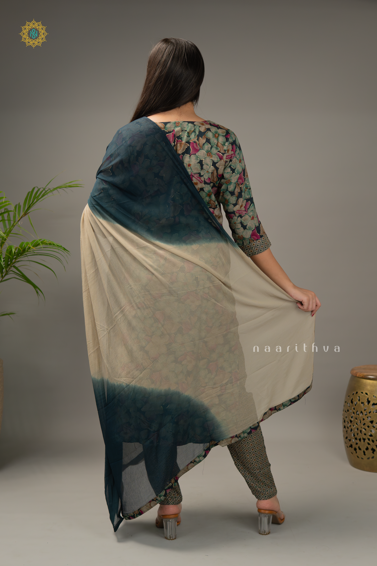 BOTTLE GREEN - COTTON 3PC SALWAR SUIT WITH FLORAL PRINTED TOP, BOTTOM & DUPATTA