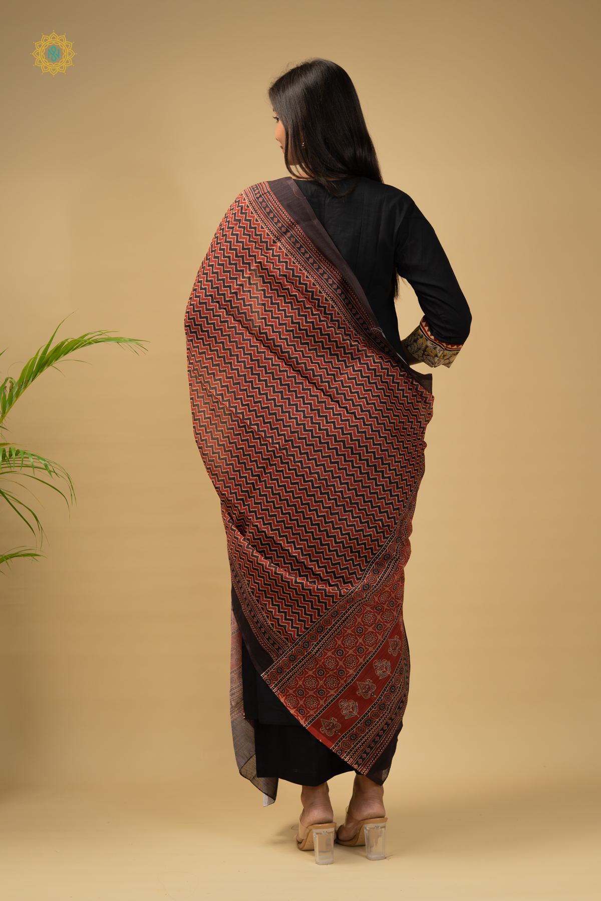 BLACK WITH MAROON - COTTON 3PC SALWAR SUIT WITH TOP, BOTTOM & DUPATTA