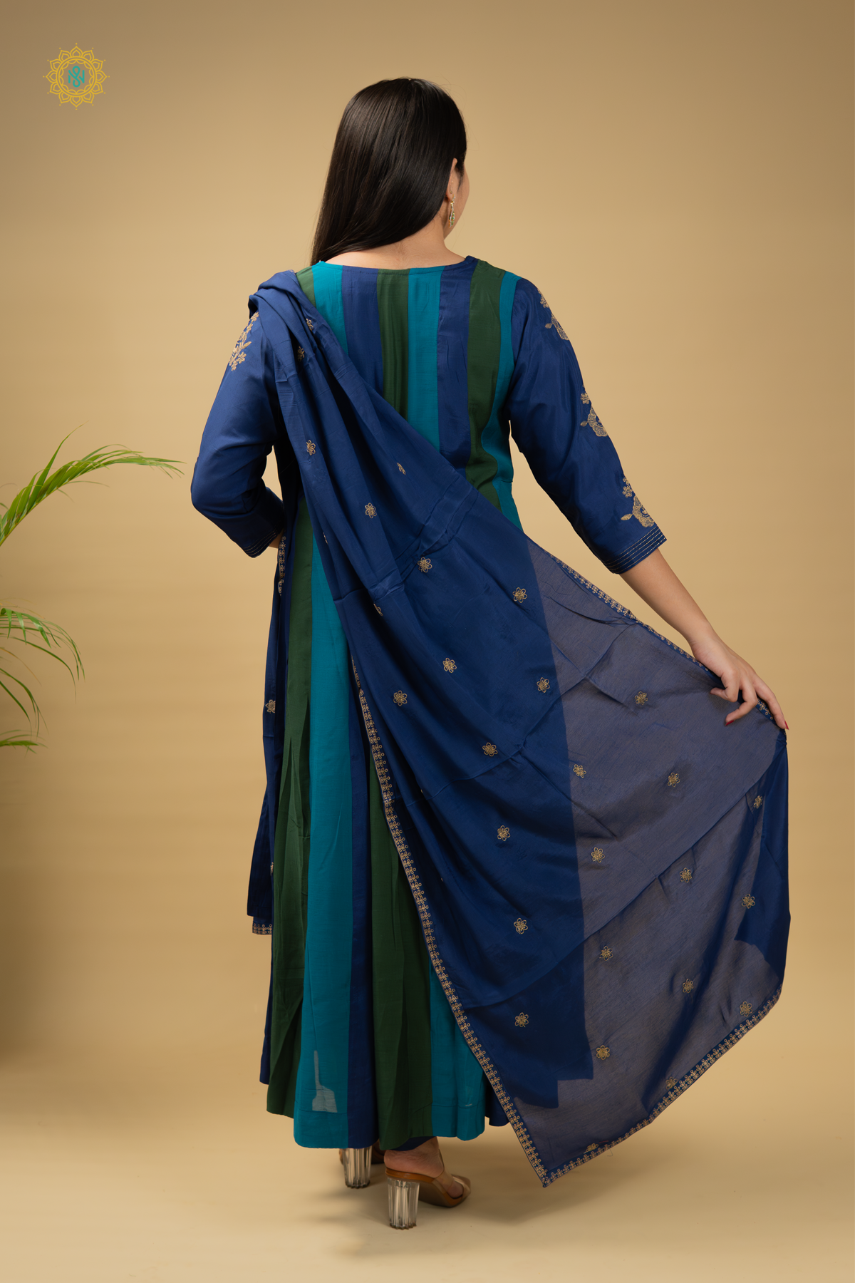 GREEN WITH BLUE - 3PC DOLA SILK SALWAR SUITS WITH TOP, BOTTOM & DUPATTA
