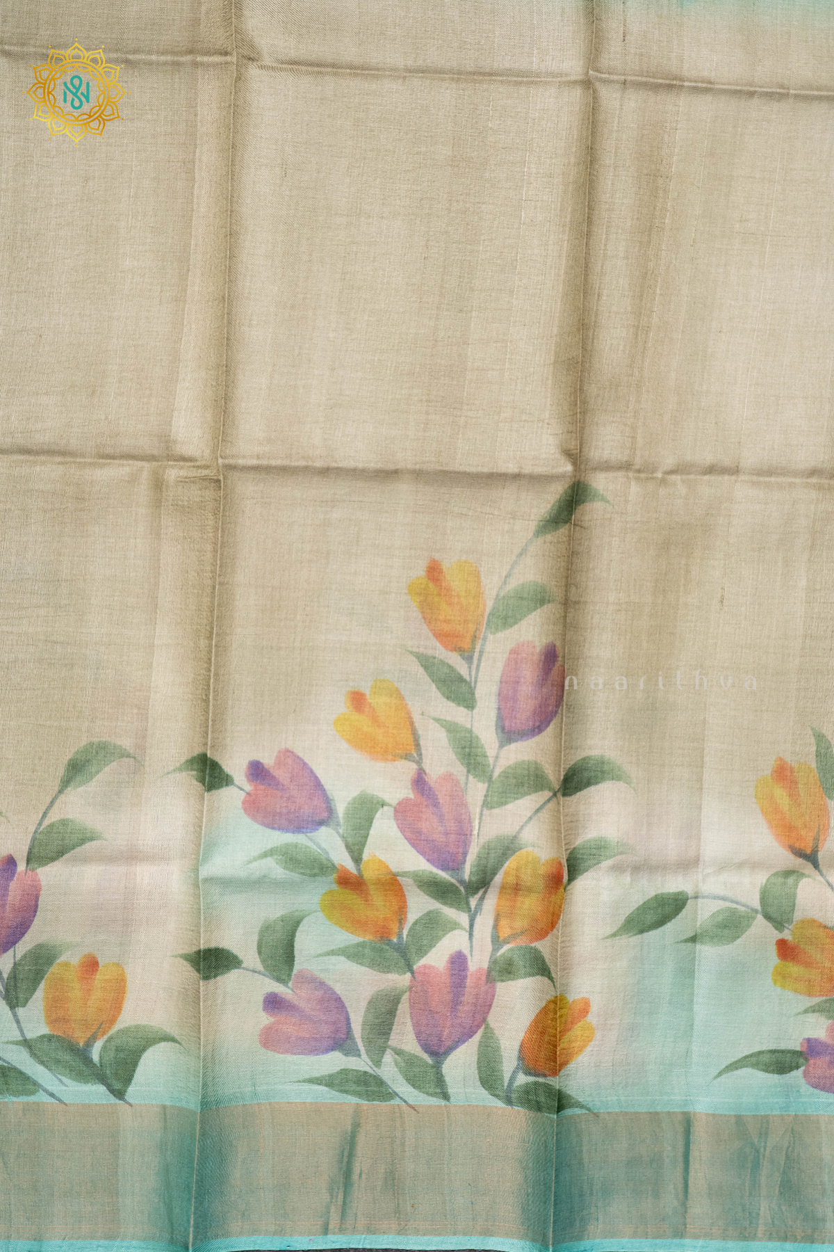 SAGE GREEN WITH AQUA GREEN - PURE TUSSAR SILK WITH HAND PAINTED