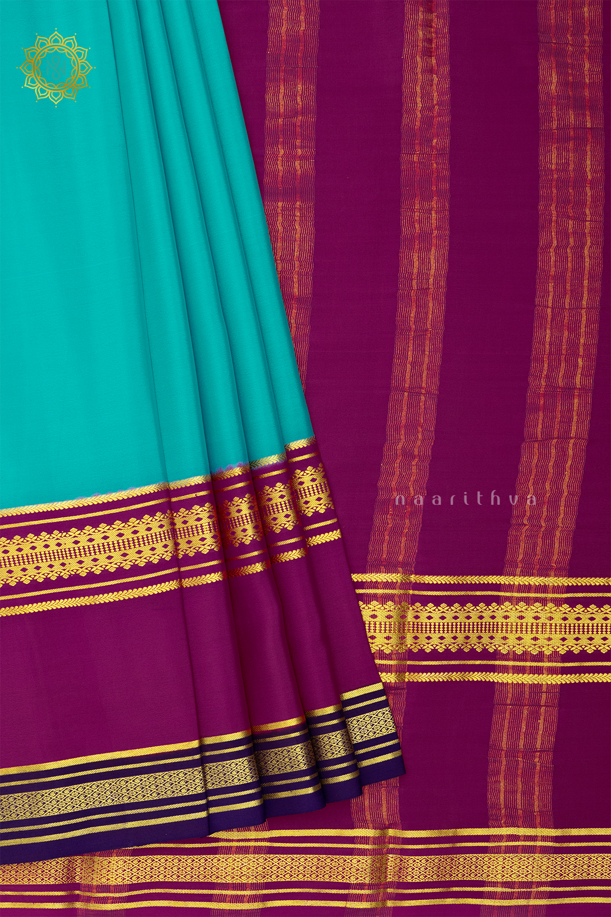 AQUA BLUE WITH PINK & BLUE - PURE MYSORE CREPE SILK