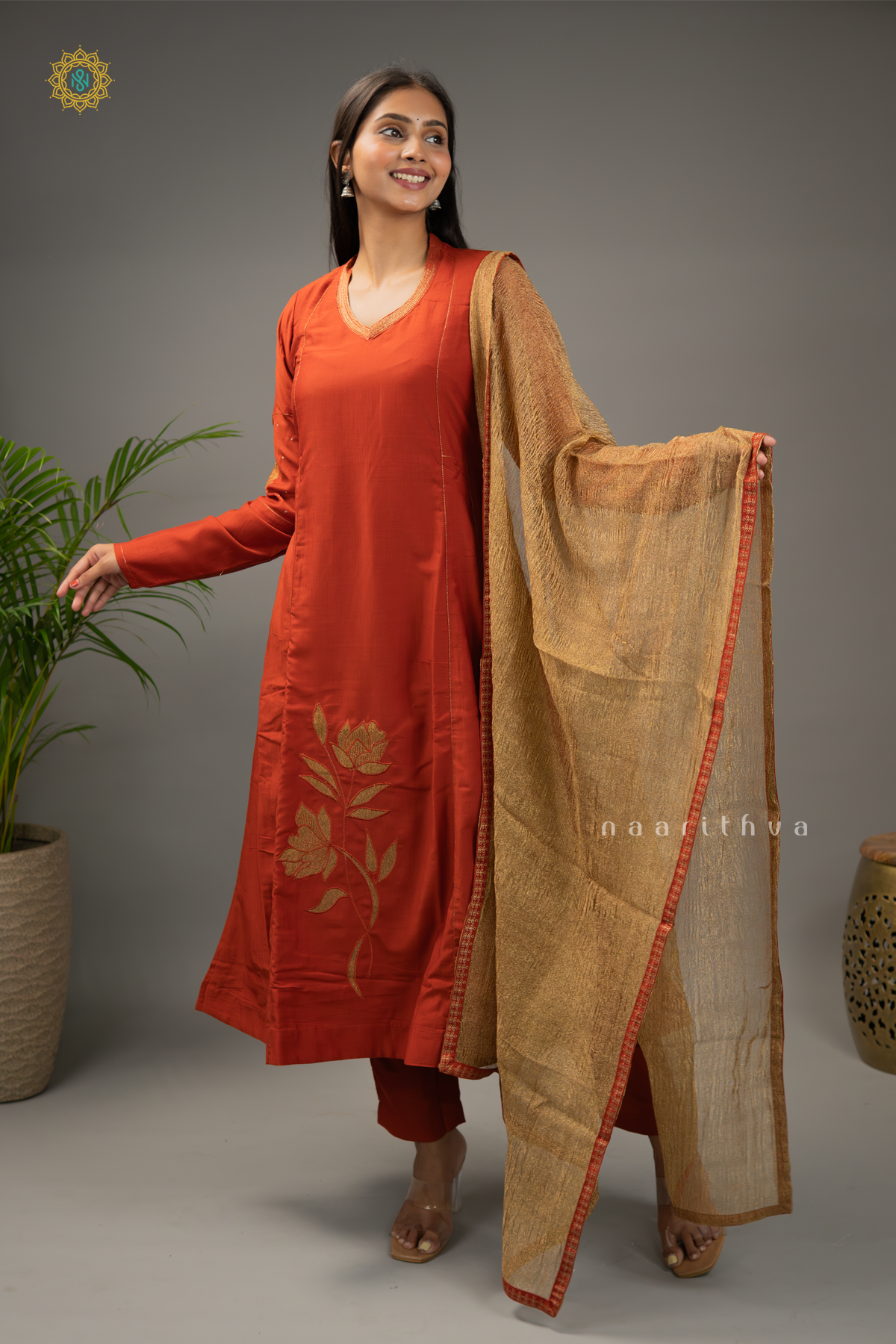 RUST ORANGE WITH GOLD - SILK 3PC SALWAR SUIT WITH TOP, BOTTOM & DUPATTA