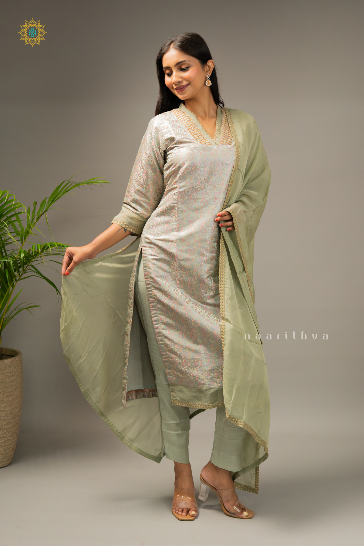 GREY - SATIN 3PC SALWAR SUIT WITH TANCHOI WEAVING TOP, BOTTOM & DUPATTA