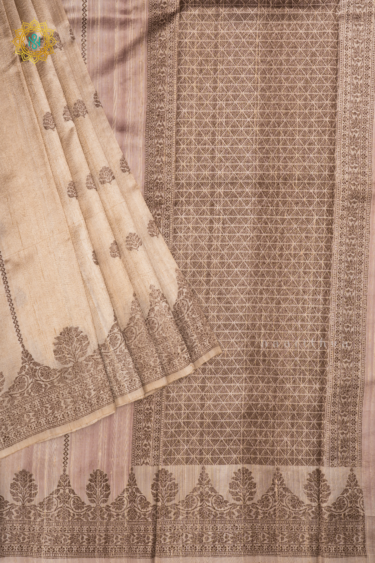 Off White with Red Pure Banarasi Raw Silk Saree With Allover Zari Stripes, Buttas And Scallop Border