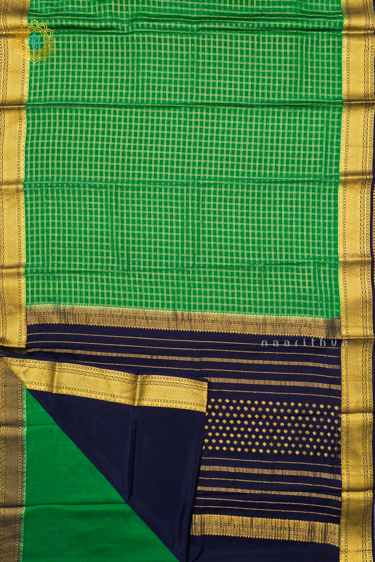 GREEN WITH NAVY BLUE - PURE MYSORE CREPE SILK