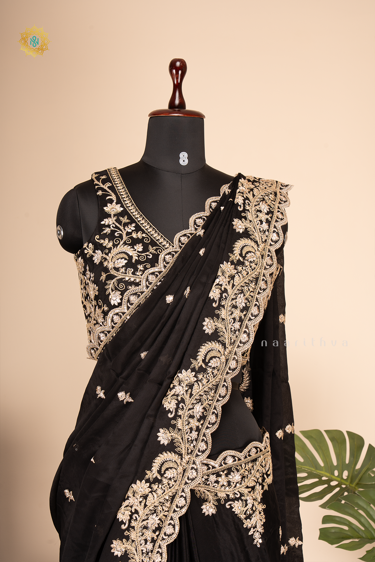 Black Chinnon Designer Wear Saree with Readymade Blouse