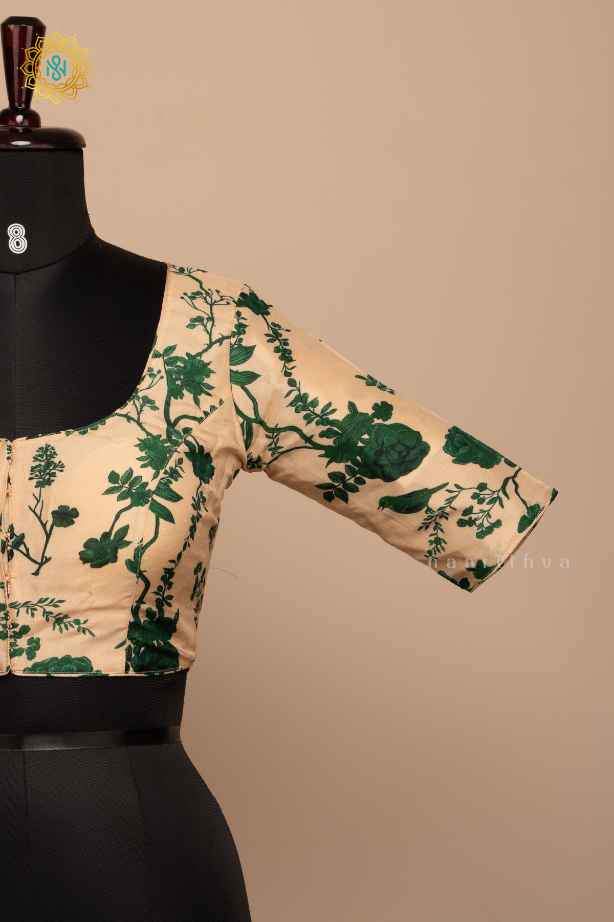 Beige With Green - Dola Silk Readymade Blouse With Floral Prints