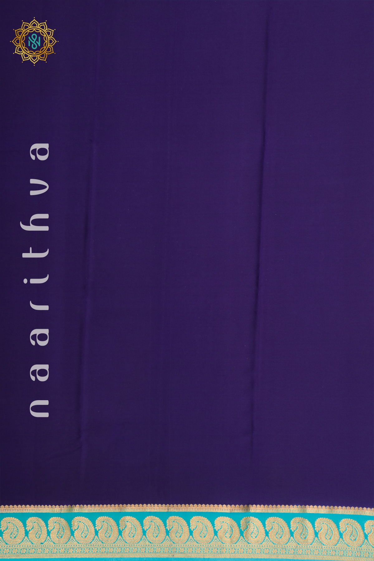 Navy Blue with Aqua Blue Pure Mysore Crepe Silk Allover Plain Body with Contrast Zari Border