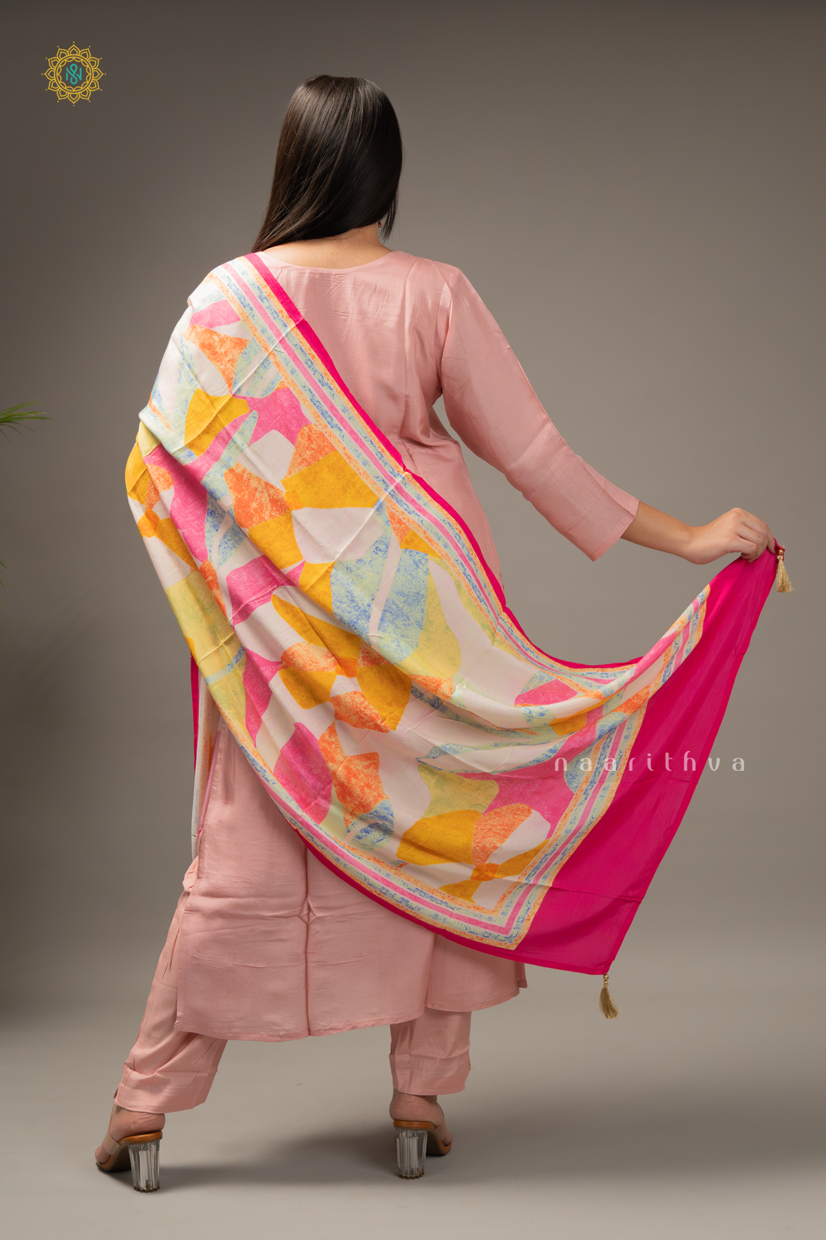 PEACH WITH PINK - SILK 3PC SALWAR SUIT WITH TOP, BOTTOM & DUPATTA