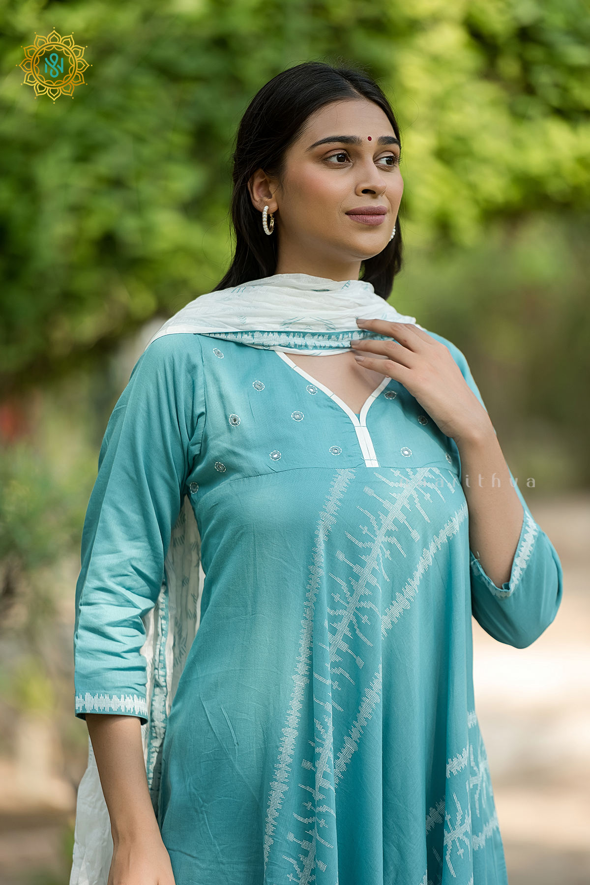 AQUA BLUE - COTTON 3PC SALWAR SUIT WITH TOP, BOTTOM & DUPATTA