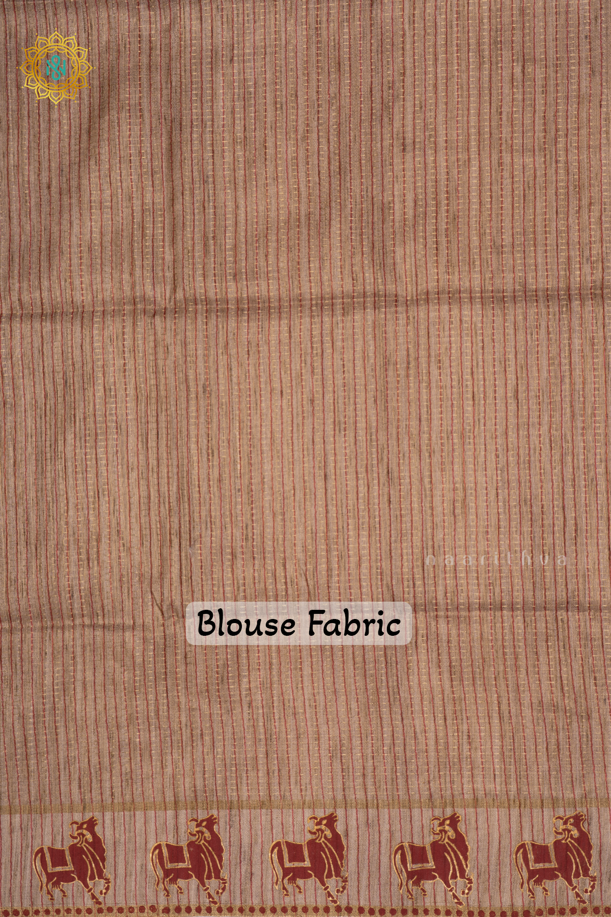 Red With Beige Semi Tussar Silk Saree With Zari Stripes On The Body, Printed Border And Contrast Blouse