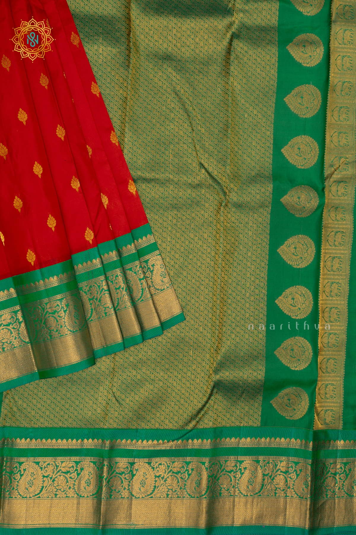 Red With Green Pure Gadwal Silk Saree With Zari Woven Buttas And Contrast Zari Border