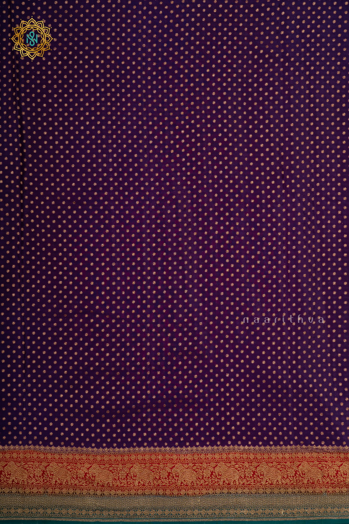 PURPLE WITH RED & PEACOCK GREEN - PURE BANARASI CREPE SILK