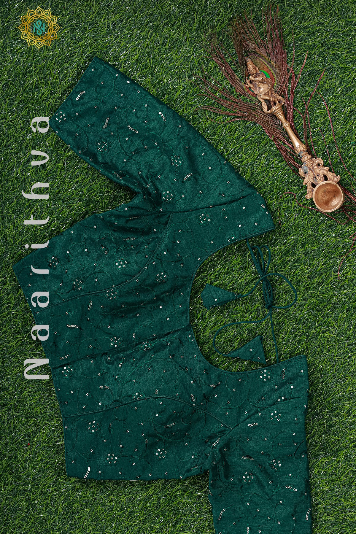 GREEN - READYMADE RAW SILK BLOUSE WITH SEQUINS WORK