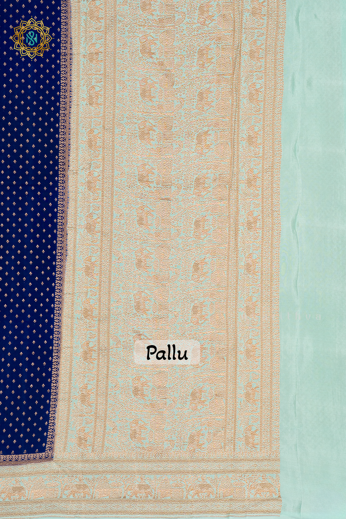 BLUE WITH AQUA GREEN - PURE BANRASI CREPE SILK