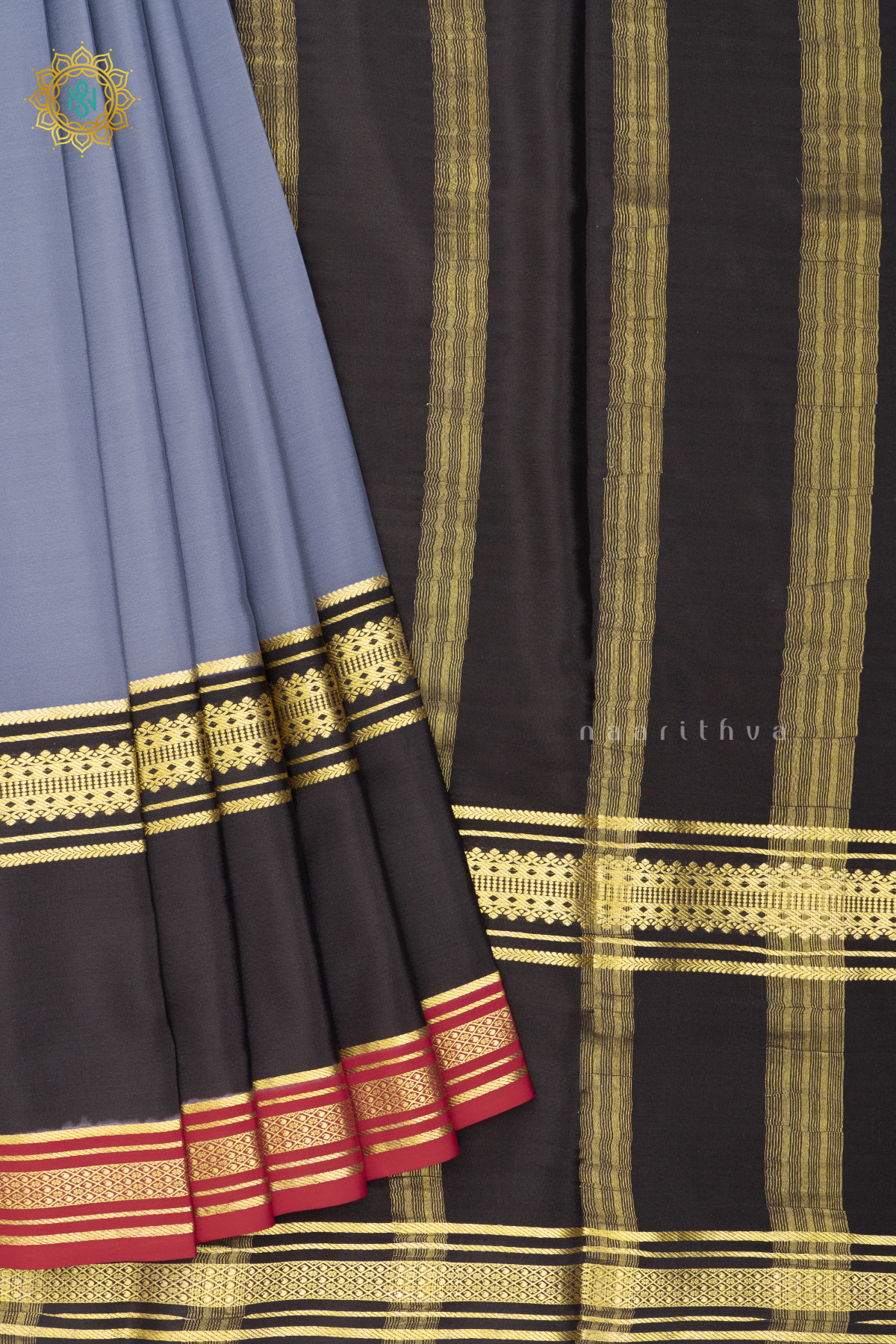 ELEPHANT GREY WITH BLACK & RED - PURE MYSORE CREPE SILK