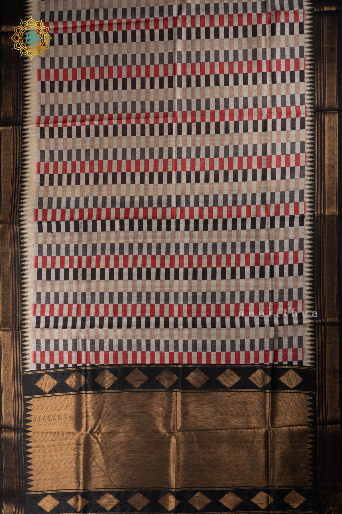 Black Semi Tussar Silk With Printed Body With Zari Border & Pallu
