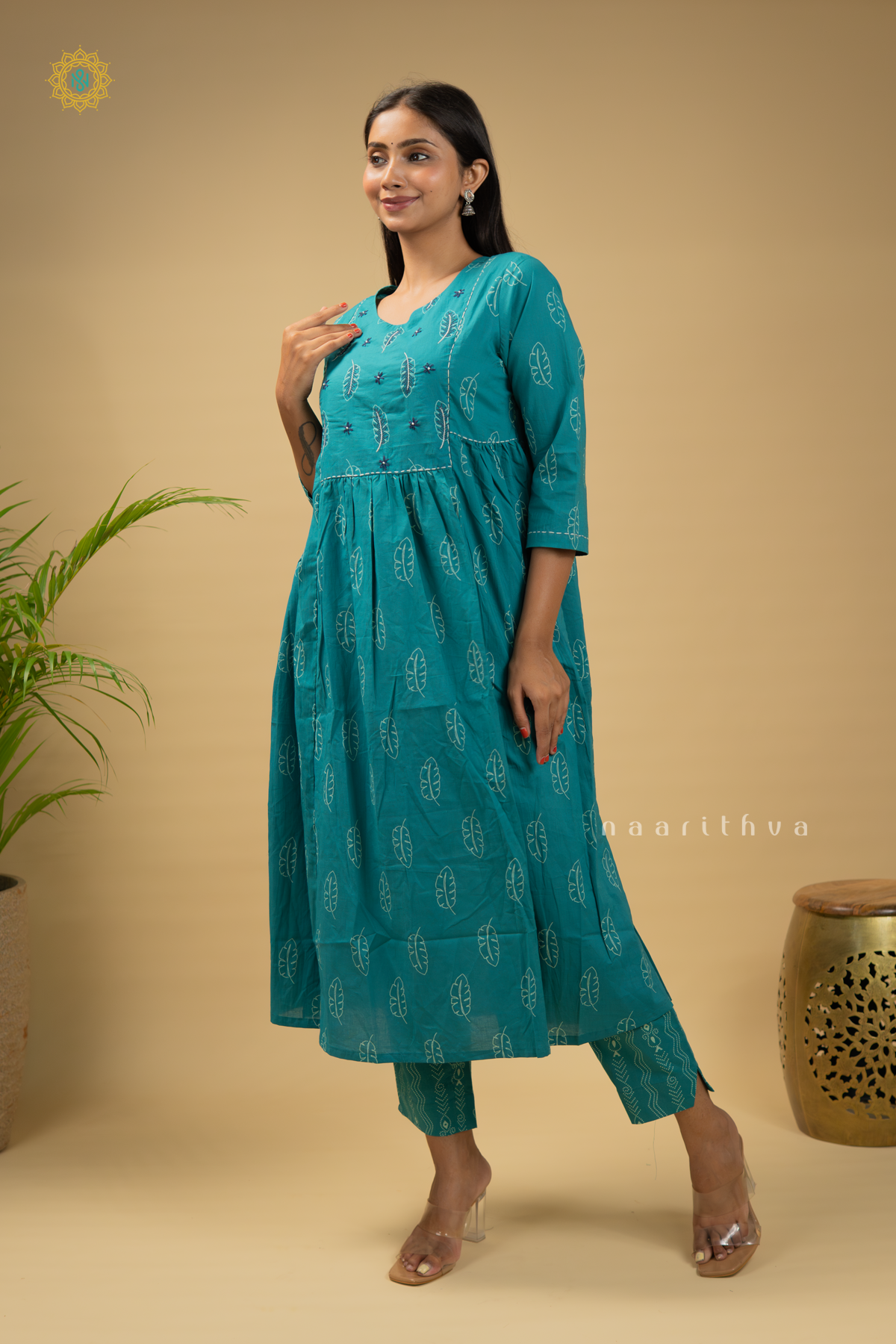AQUA GREEN - COTTON 2PC SALWAR SUIT WITH PRINTED TOP & BOTTOM